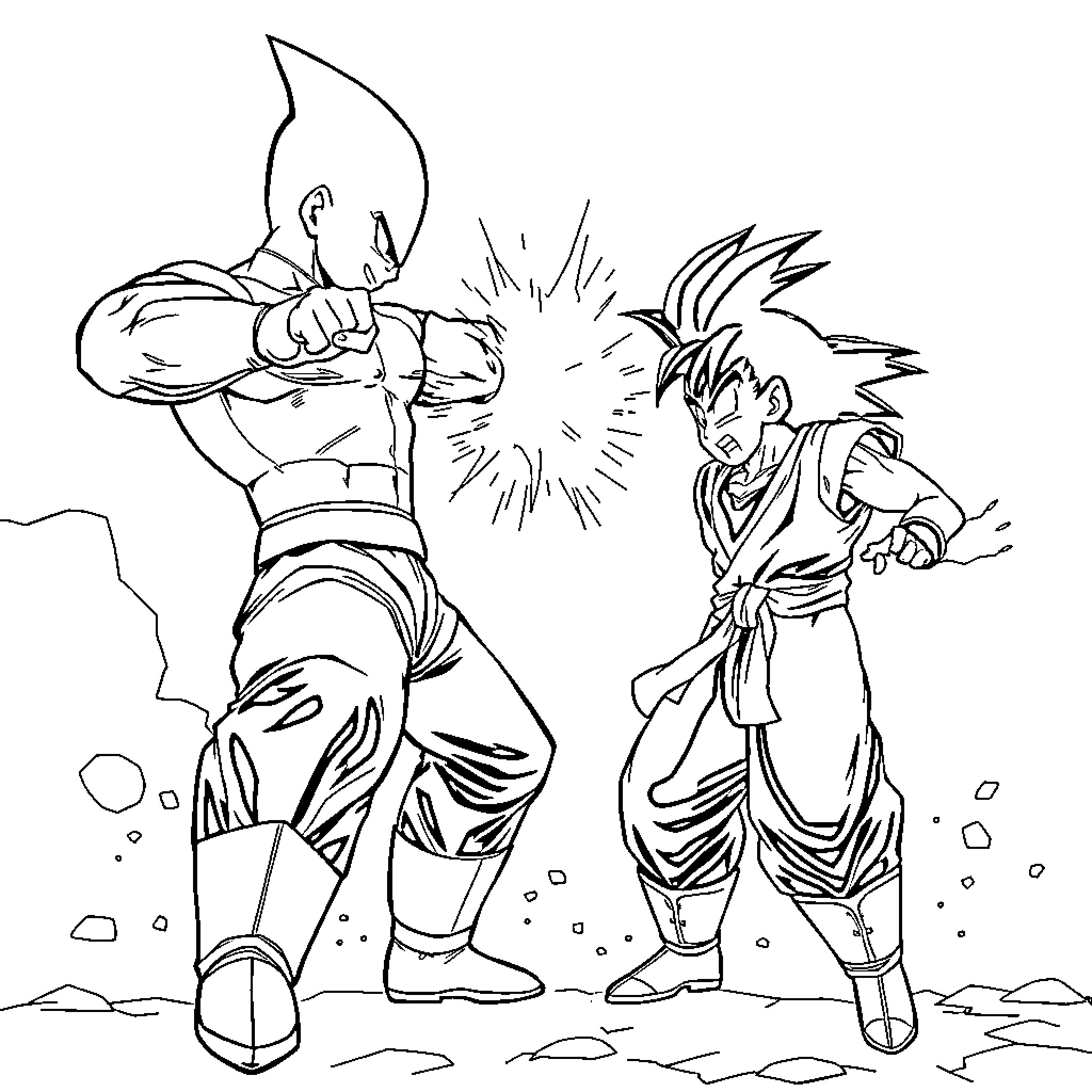 Saitama's intense confrontation with a determined adversary Coloring Page (free black-and-white line drawing printable PDF for all, from beginners to advanced learners, including children, teens, adults, and seniors)