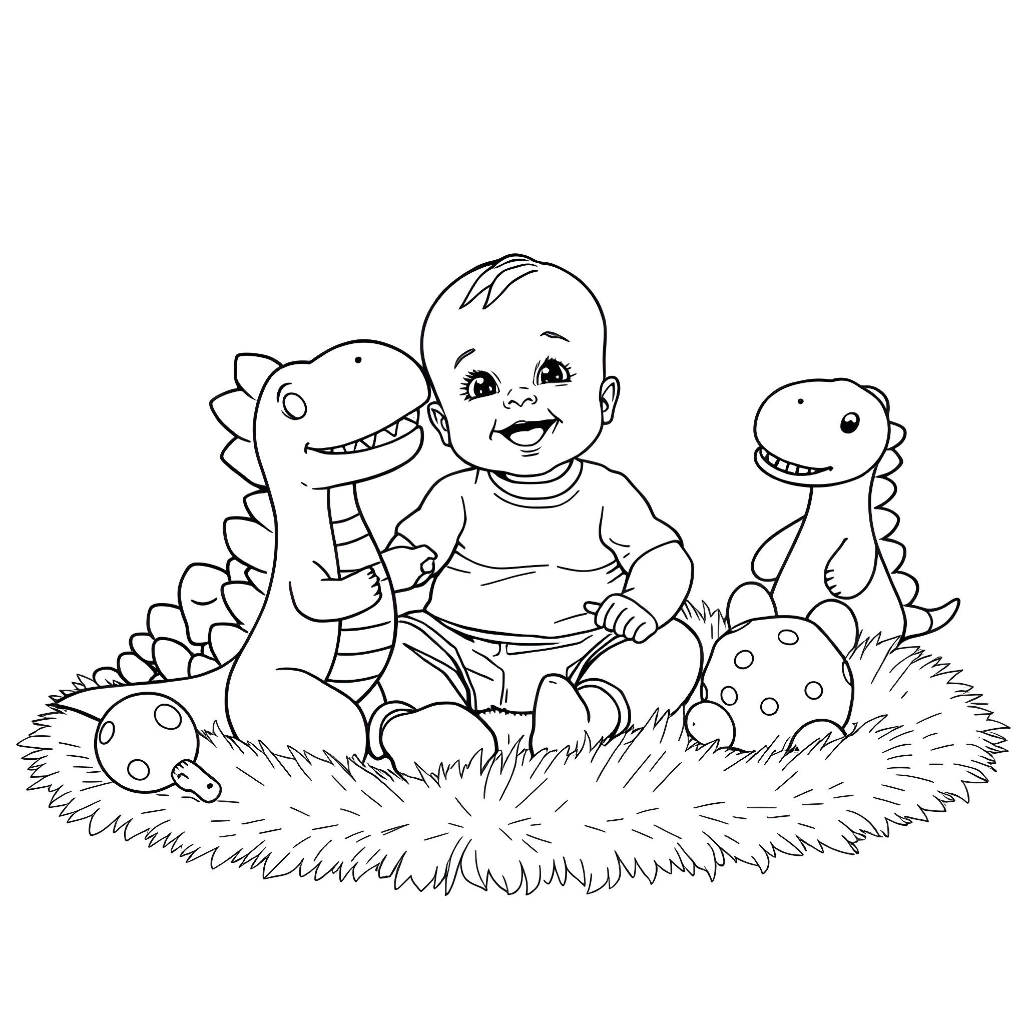 Baby playing happily with dinosaur toys Coloring Page (free black-and-white line drawing printable PDF for all, from beginners to advanced learners, including children, teens, adults, and seniors)