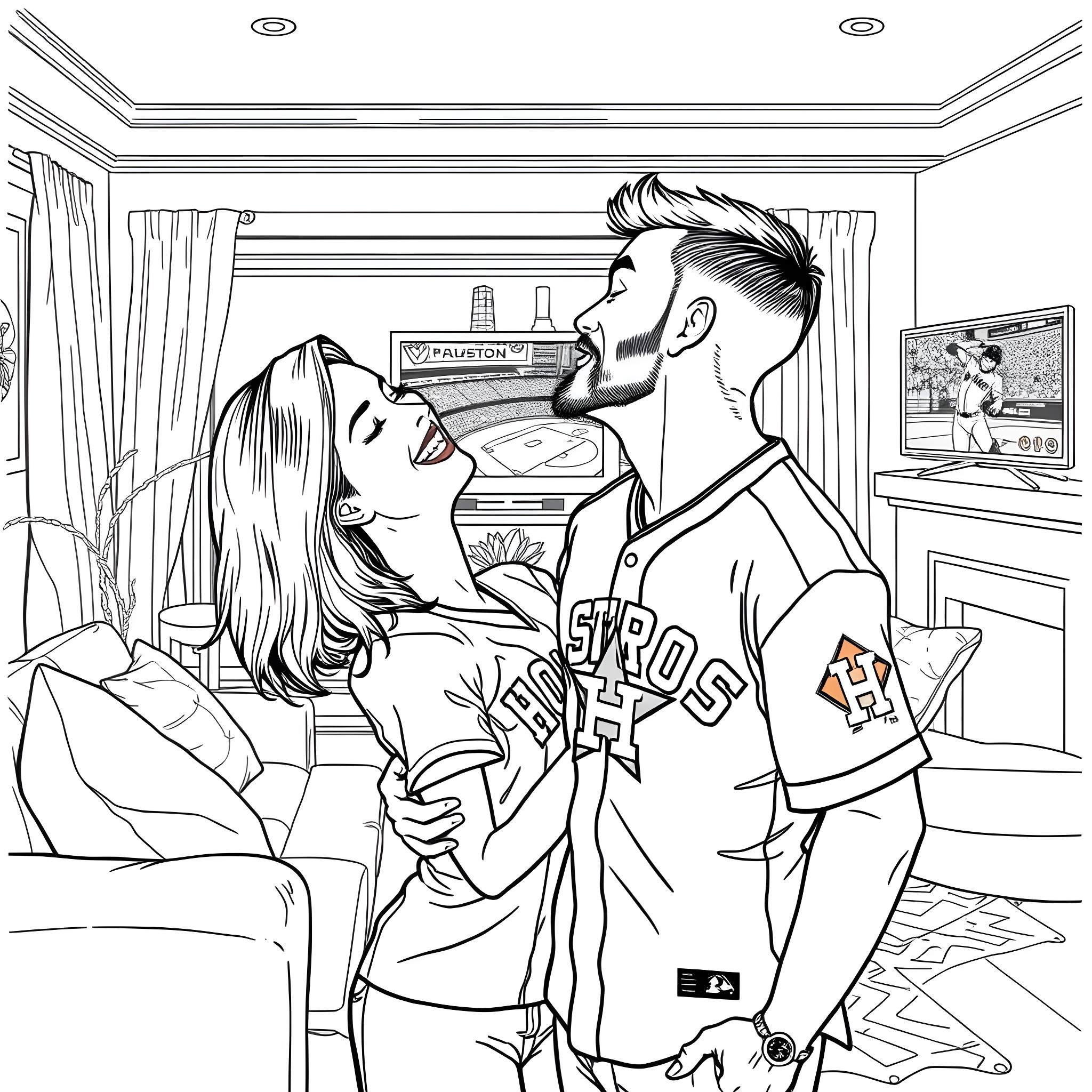 Couple embracing affectionately in their home Coloring Page (free black-and-white line drawing printable PDF for all, from beginners to advanced learners, including children, teens, adults, and seniors)