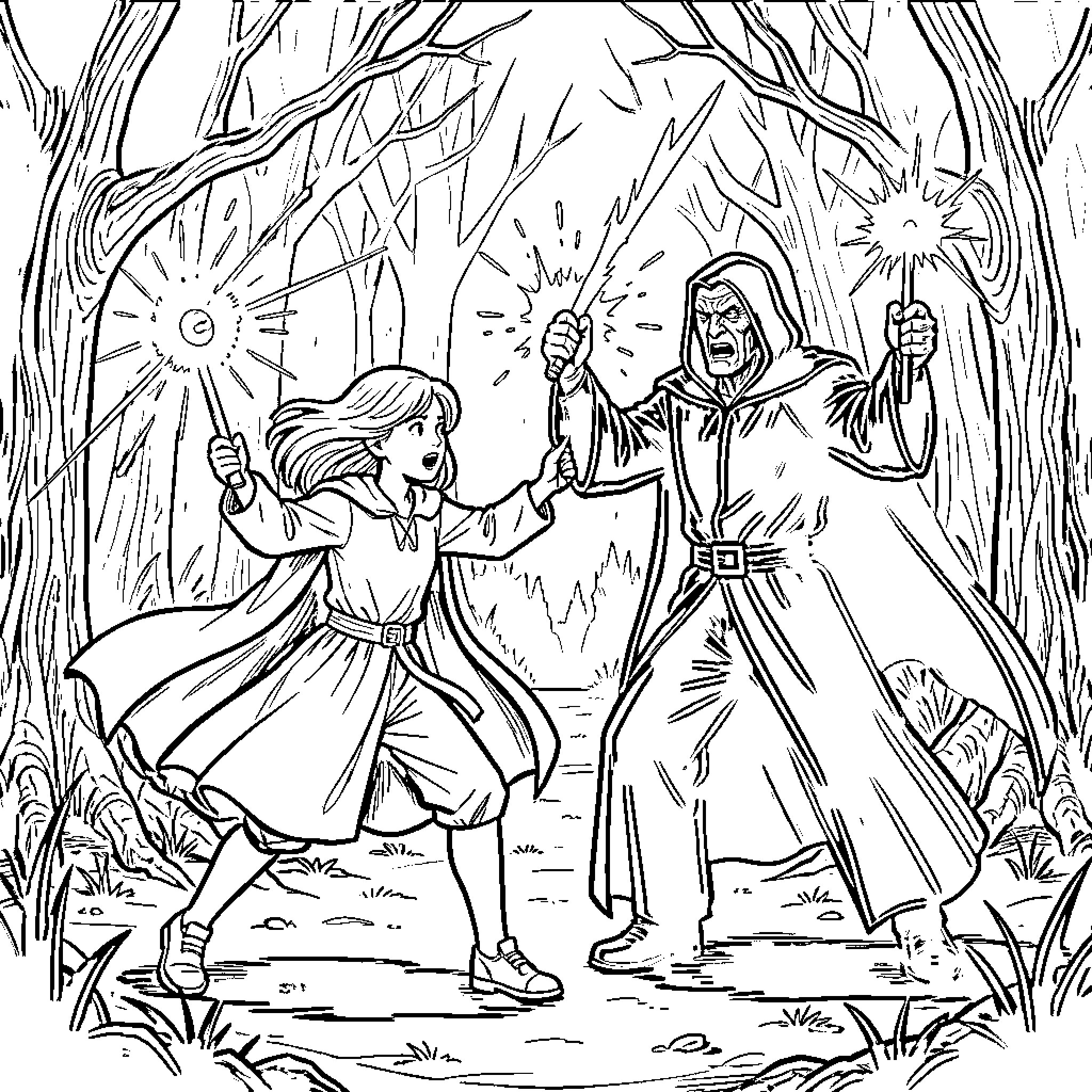 Hermione Battles the Dark Forest Creatures Coloring Page (free black-and-white line drawing printable PDF for all, from beginners to advanced learners, including children, teens, adults, and seniors)