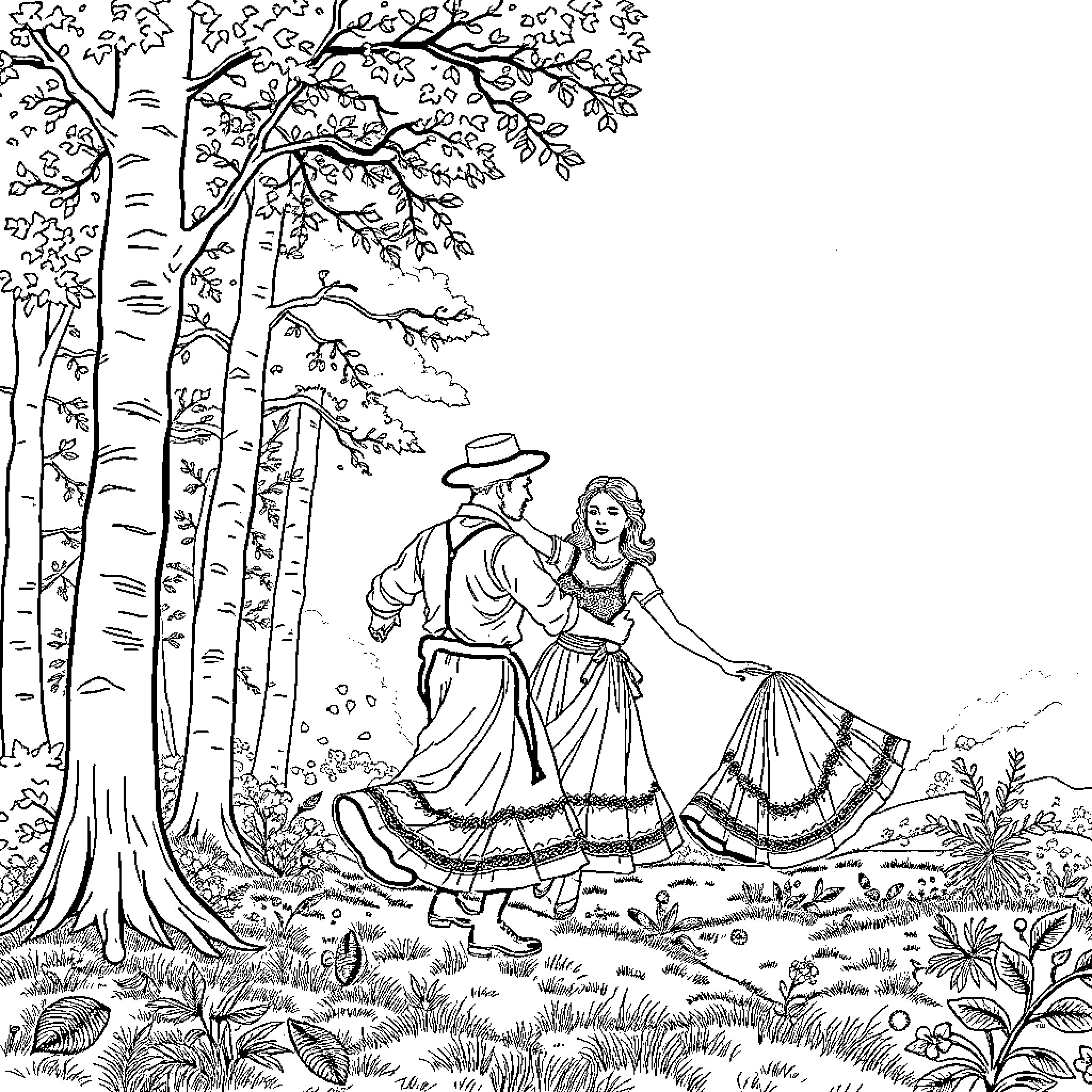 Dancer pair strolling through enchanted forest Coloring Page (free black-and-white line drawing printable PDF for all, from beginners to advanced learners, including children, teens, adults, and seniors)
