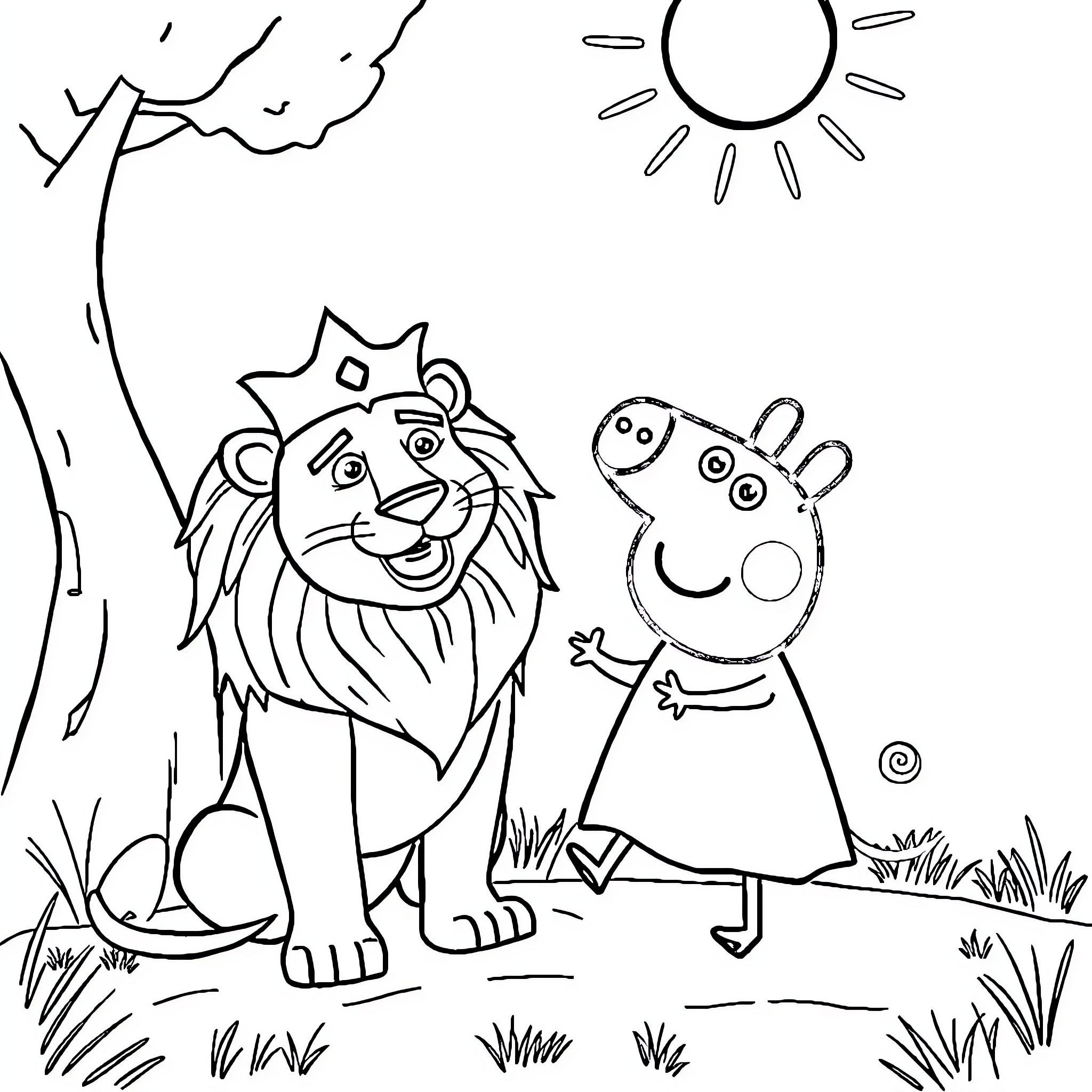 Lion and Peppa Pig enjoying the outdoors Coloring Page (free black-and-white line drawing printable PDF for all, from beginners to advanced learners, including children, teens, adults, and seniors)