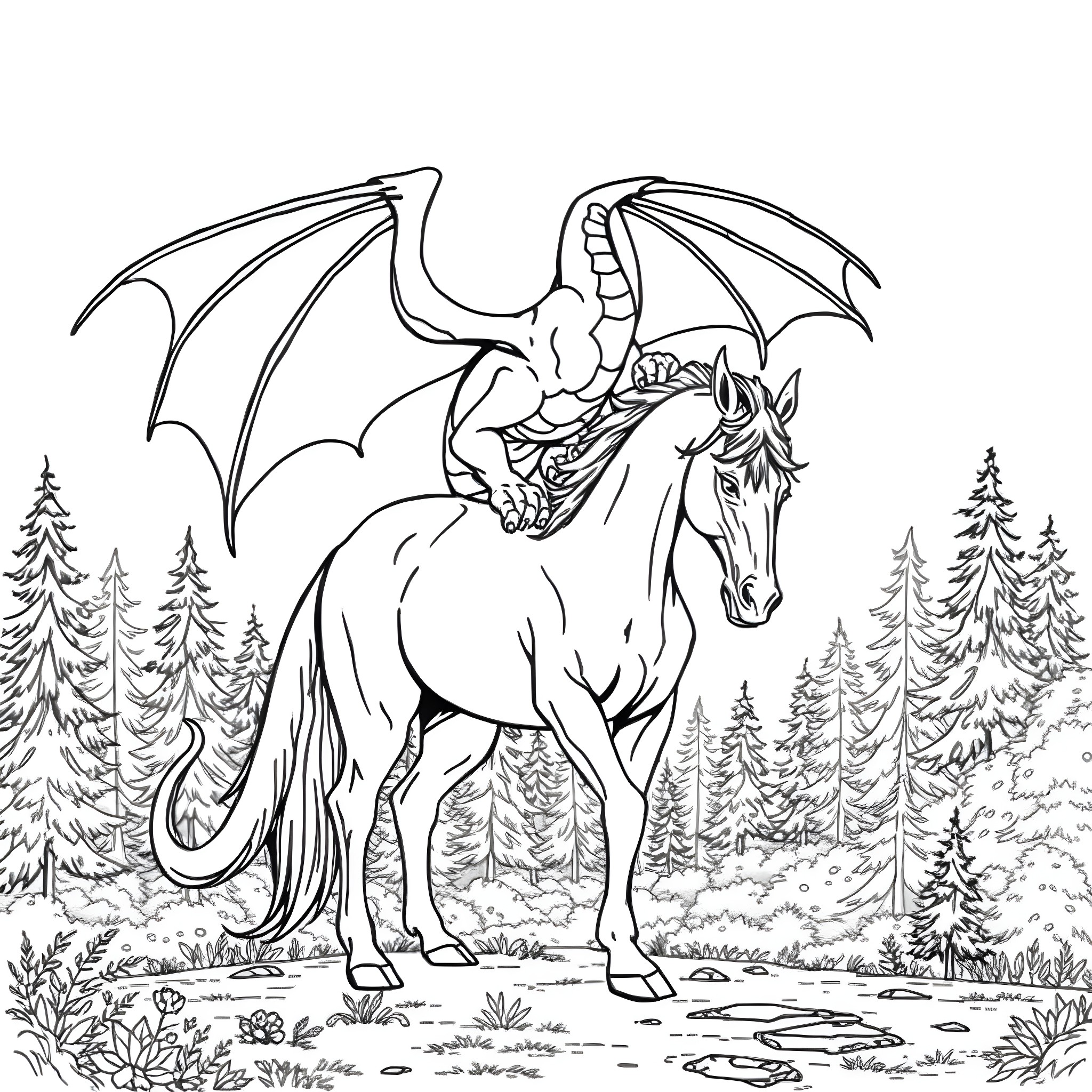 Dragon Riding a Majestic Horse Through the Forest Coloring Page (free black-and-white line drawing printable PDF for all, from beginners to advanced learners, including children, teens, adults, and seniors)