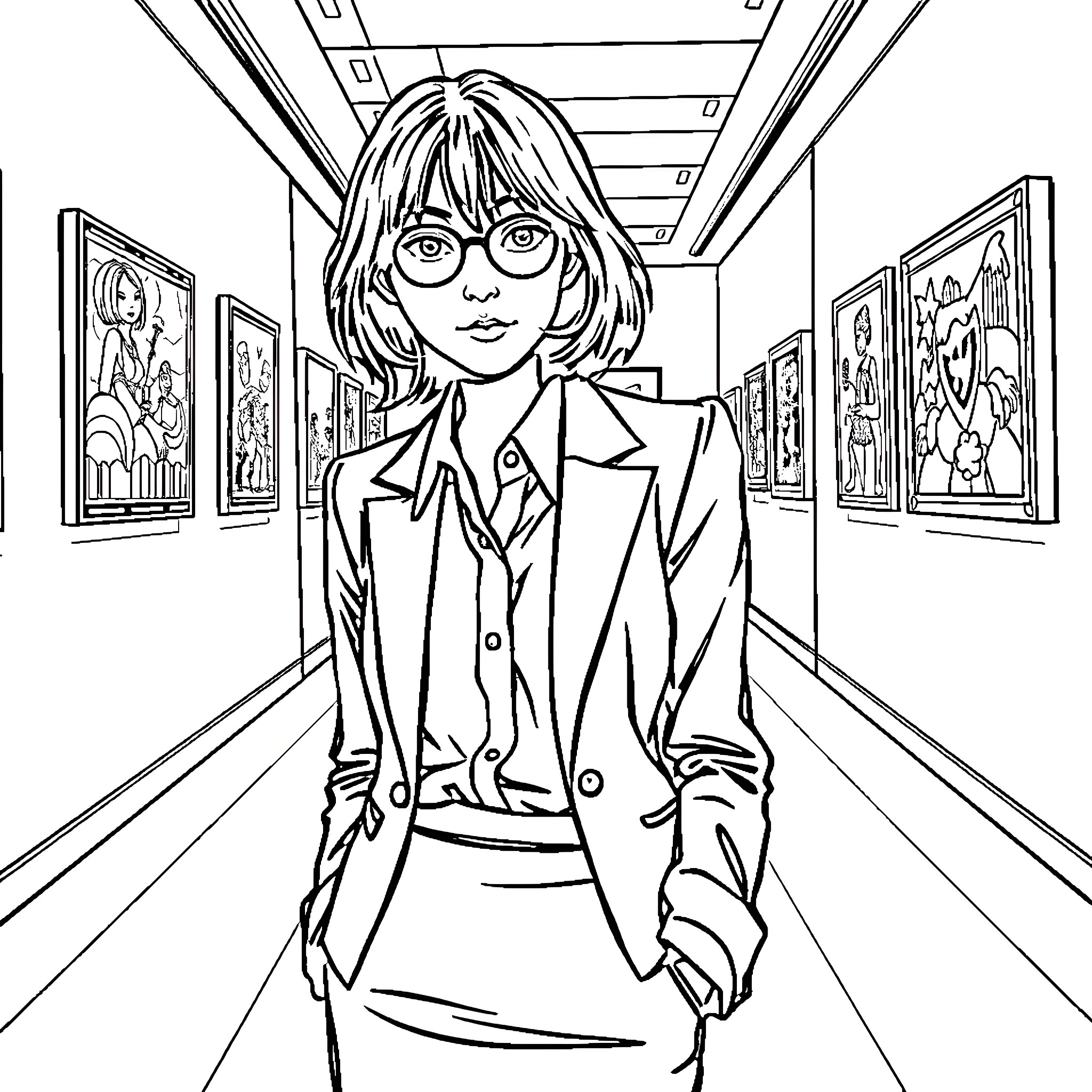 Girl exploring art gallery with curiosity Coloring Page (free black-and-white line drawing printable PDF for all, from beginners to advanced learners, including children, teens, adults, and seniors)