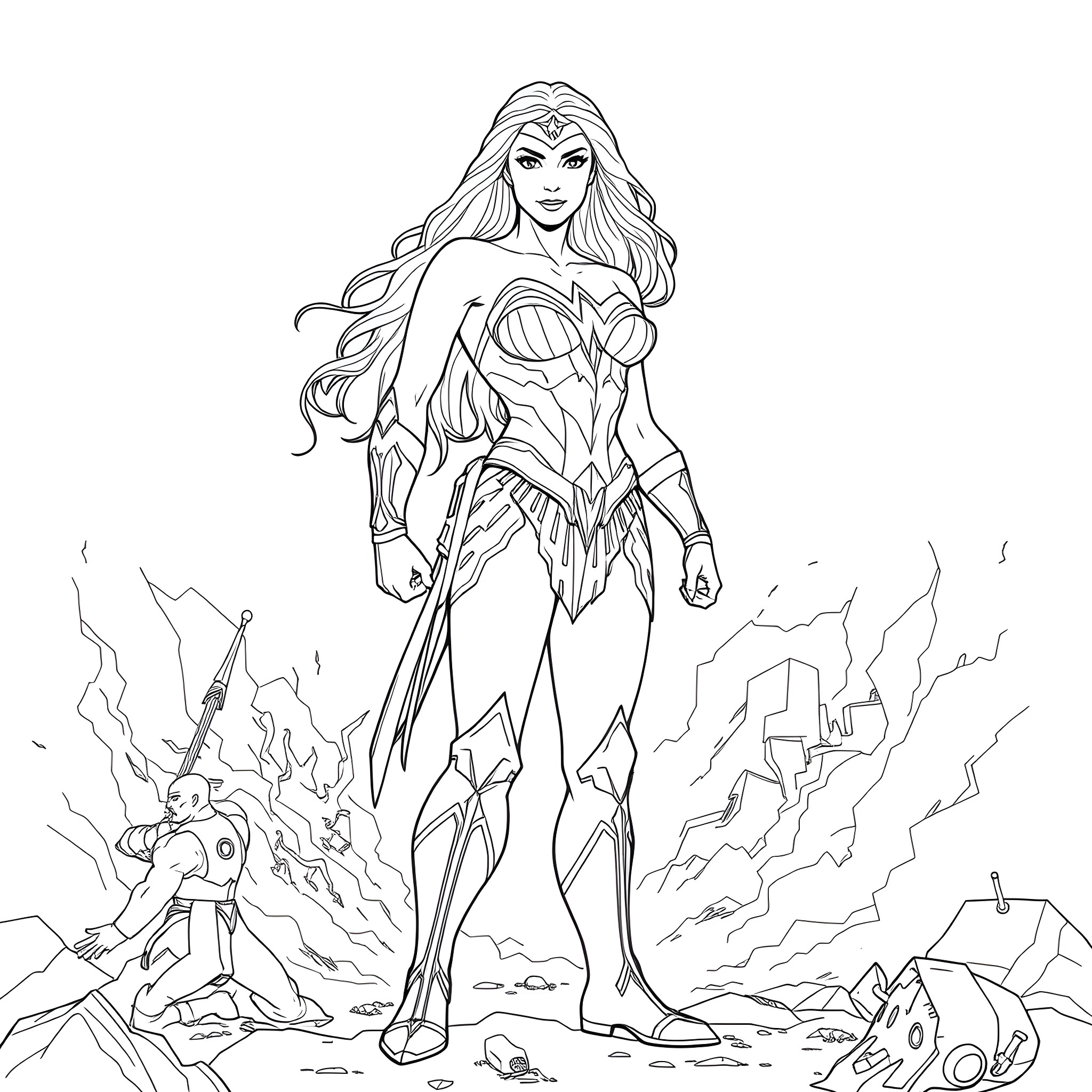 Wonder Woman heroically stands amidst the chaos Coloring Page (free black-and-white line drawing printable PDF for all, from beginners to advanced learners, including children, teens, adults, and seniors)