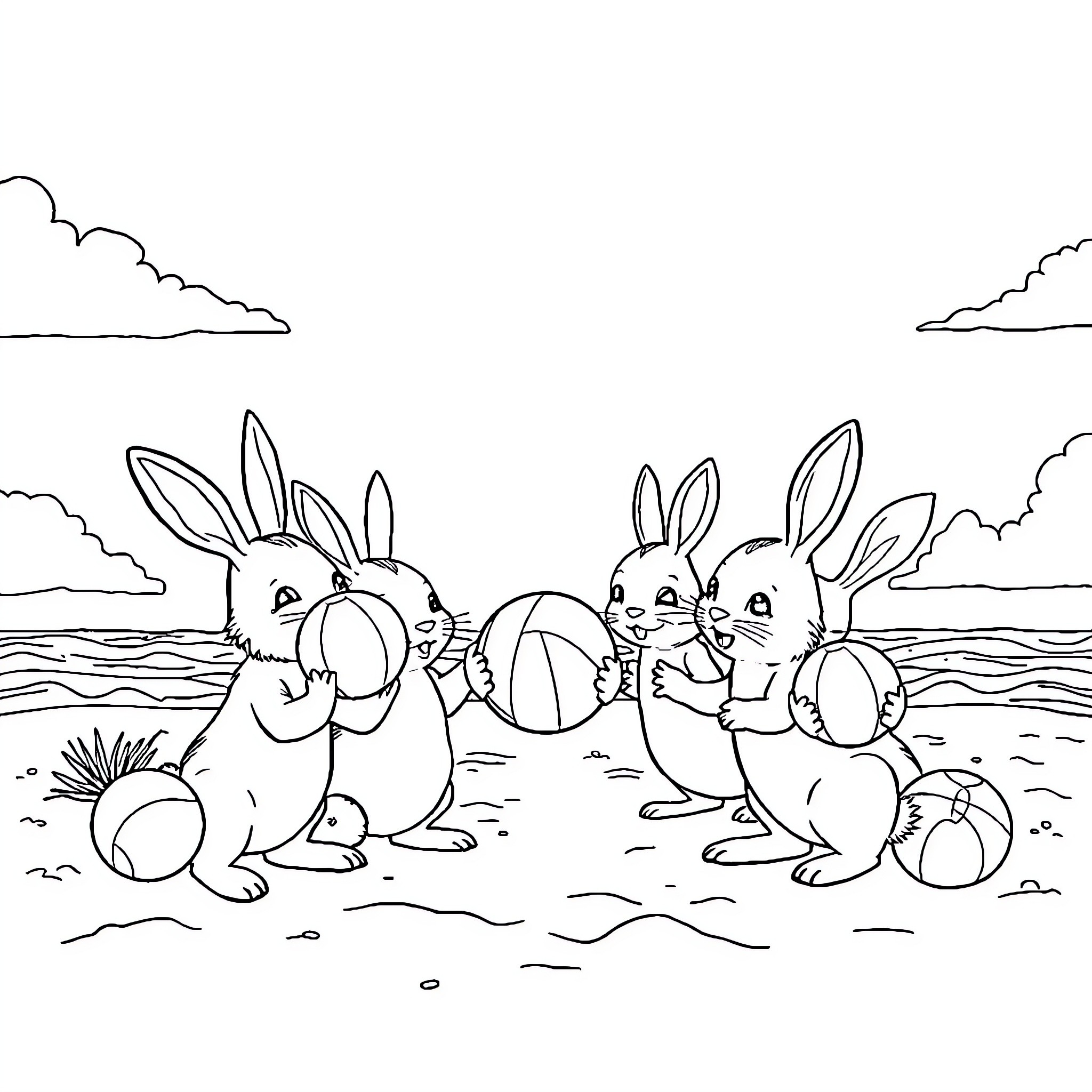 Bunny friends playing with beach balls on the shore Coloring Page (free black-and-white line drawing printable PDF for all, from beginners to advanced learners, including children, teens, adults, and seniors)