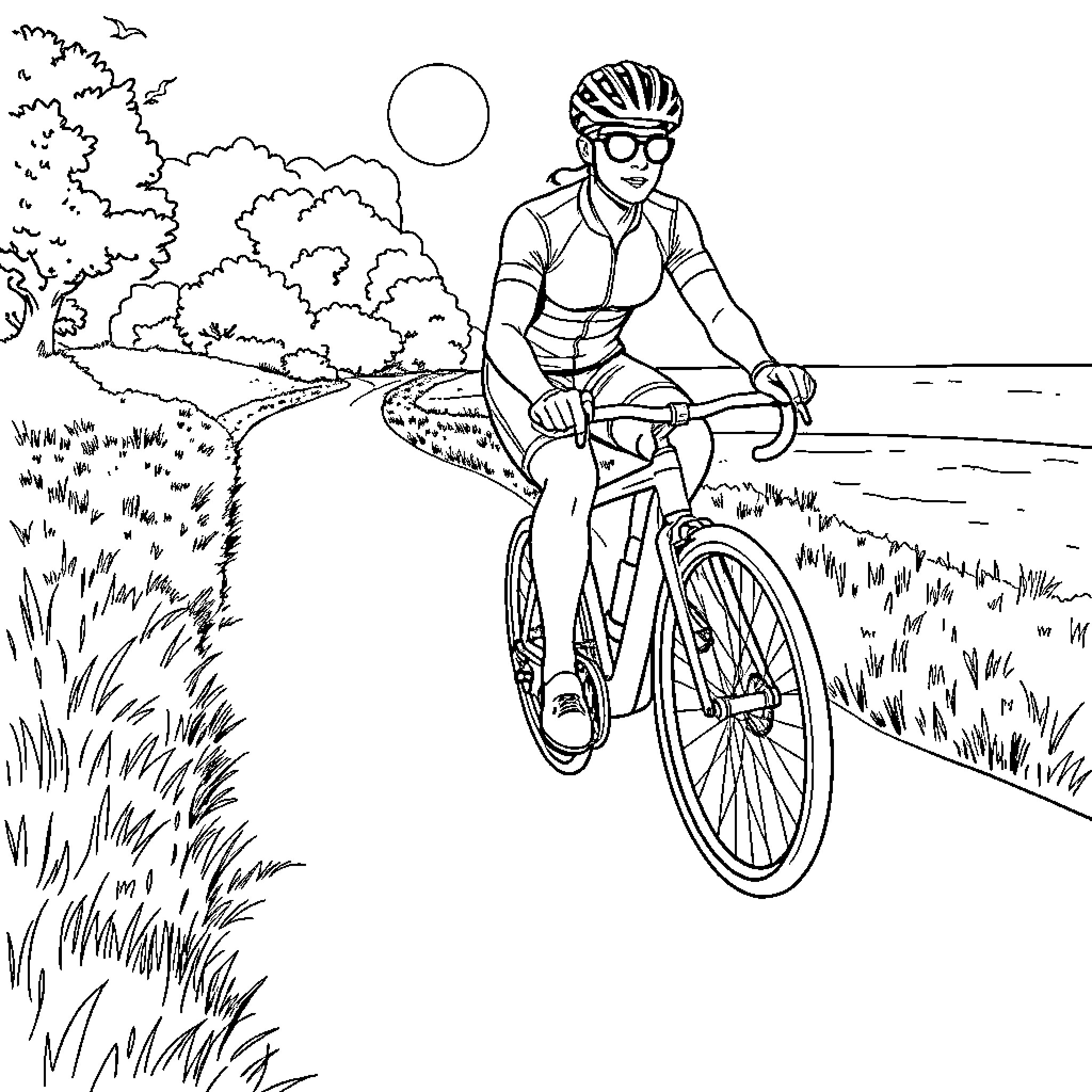 Bike rider cycling through scenic landscape Coloring Page (free black-and-white line drawing printable PDF for all, from beginners to advanced learners, including children, teens, adults, and seniors)