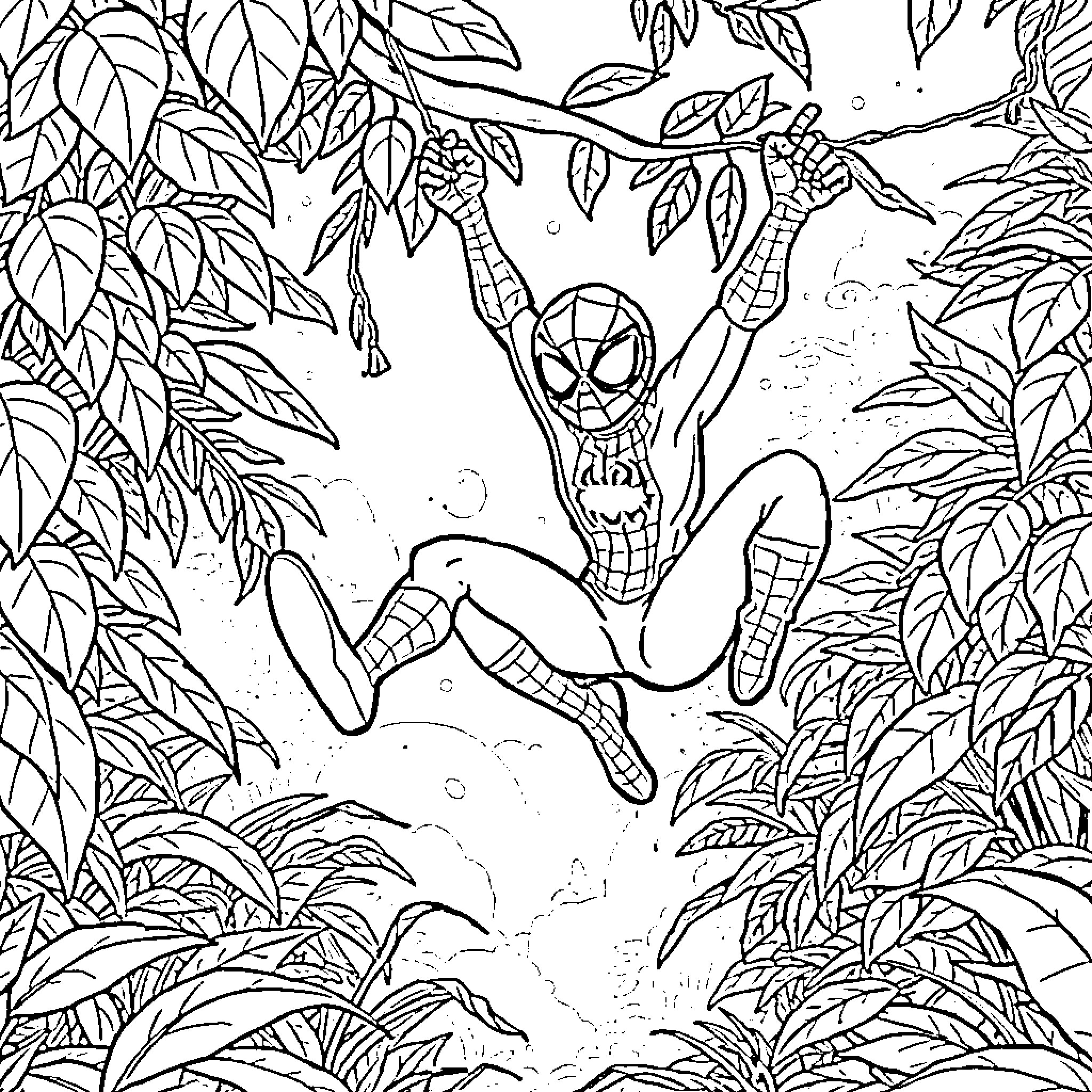 Bluey's Web-Slinging Adventure in the Jungle Coloring Page (free black-and-white line drawing printable PDF for all, from beginners to advanced learners, including children, teens, adults, and seniors)
