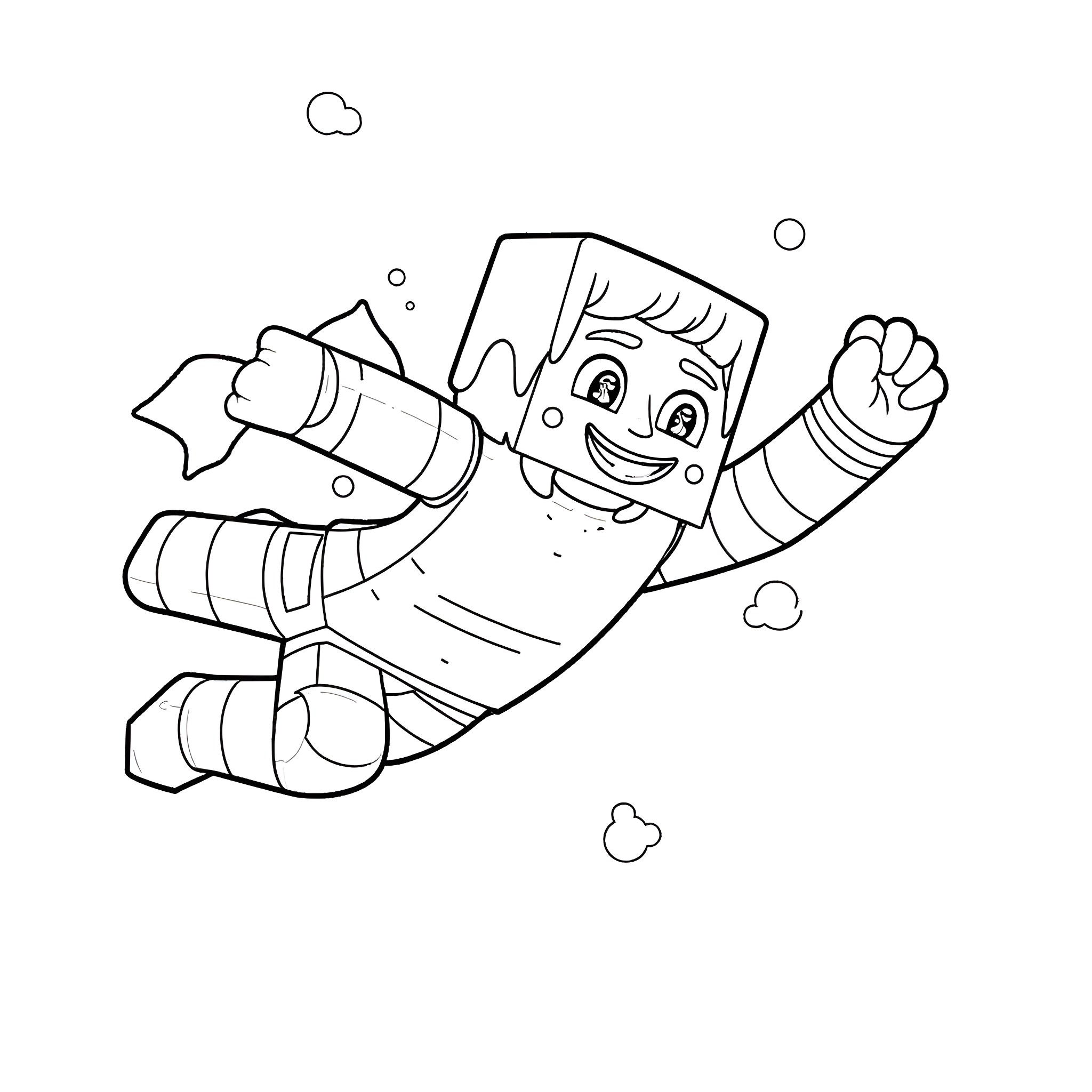 Steve happily floating in the clouds Coloring Page (free black-and-white line drawing printable PDF for all, from beginners to advanced learners, including children, teens, adults, and seniors)