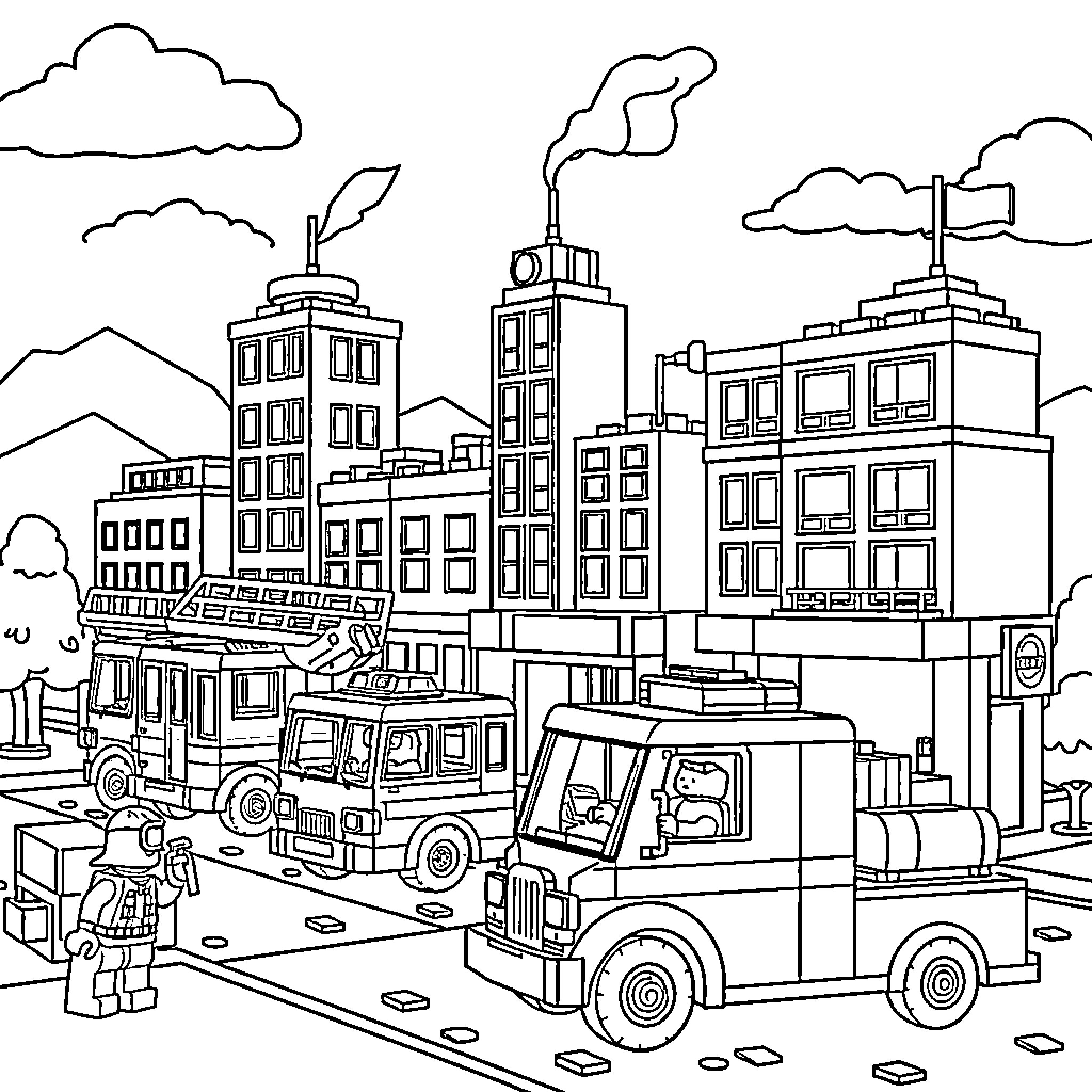 Lego construction vehicles and city buildings Coloring Page (free black-and-white line drawing printable PDF for all, from beginners to advanced learners, including children, teens, adults, and seniors)