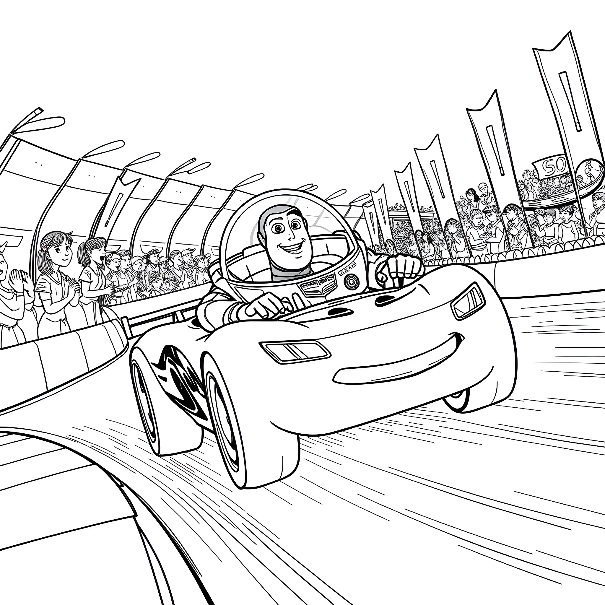 Buzz Lightyear racing in a futuristic vehicle Coloring Page (free black-and-white line drawing printable PDF for all, from beginners to advanced learners, including children, teens, adults, and seniors)