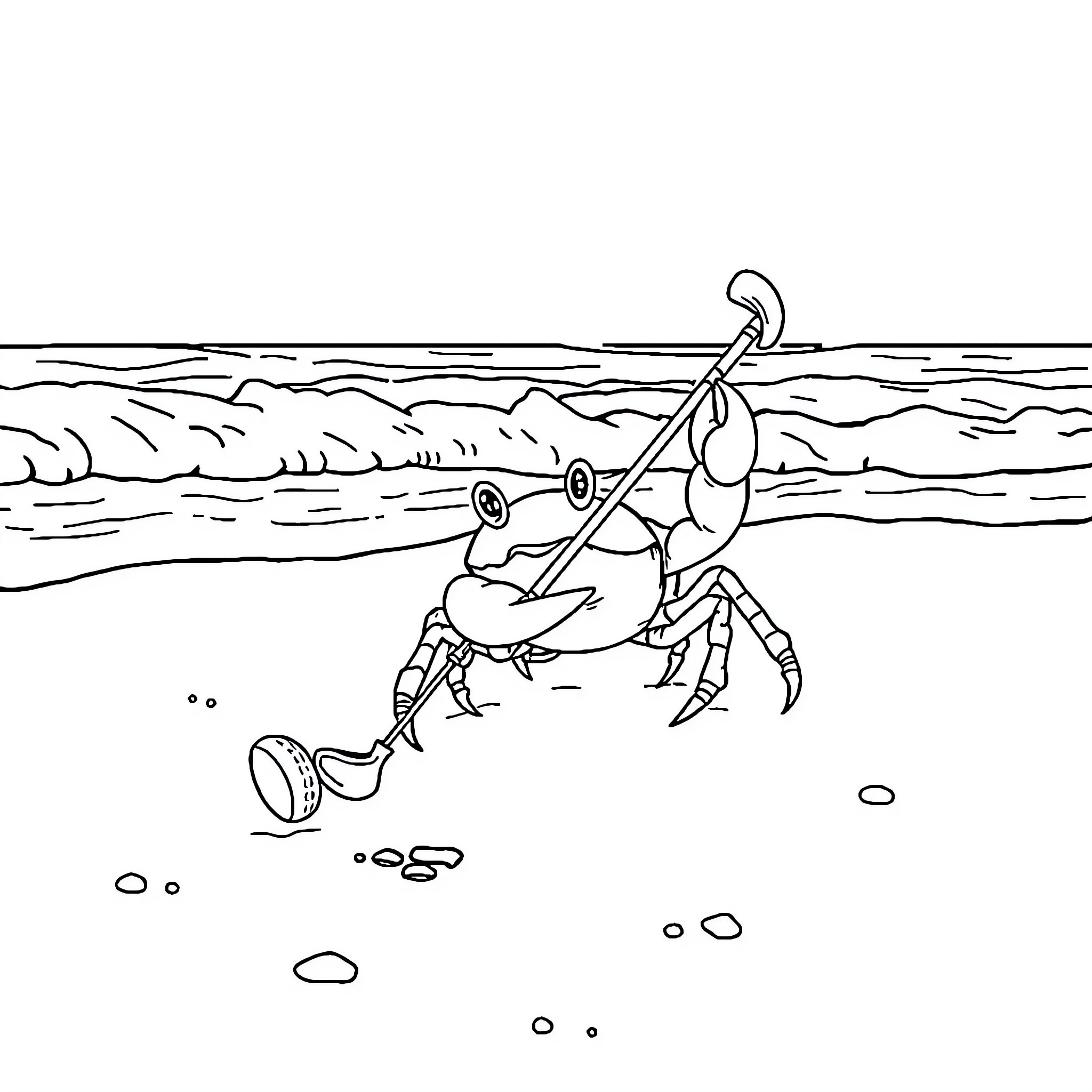 Crab exploring the beach with fishing gear Coloring Page (free black-and-white line drawing printable PDF for all, from beginners to advanced learners, including children, teens, adults, and seniors)