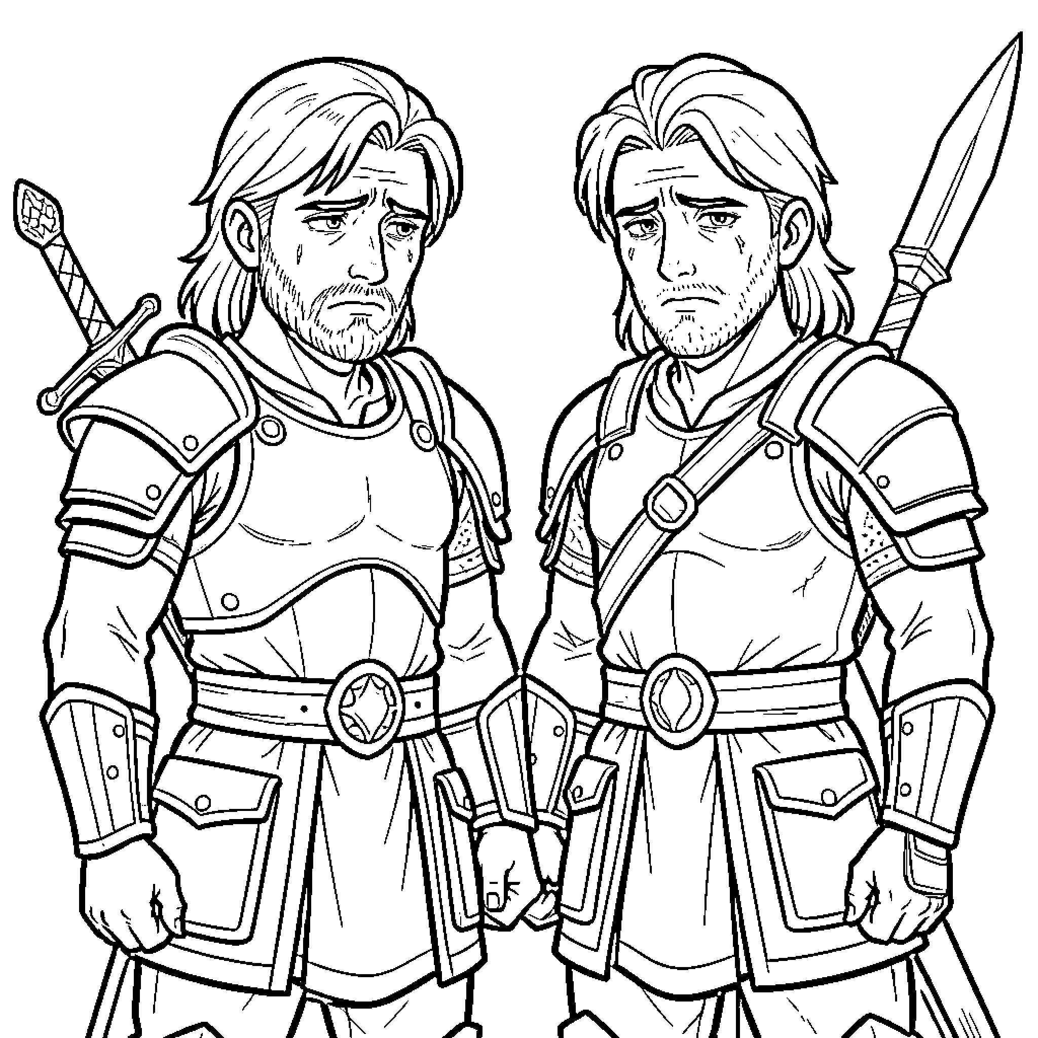 Warriors standing together with sorrowful facial expressions Coloring Page (free black-and-white line drawing printable PDF for all, from beginners to advanced learners, including children, teens, adults, and seniors)