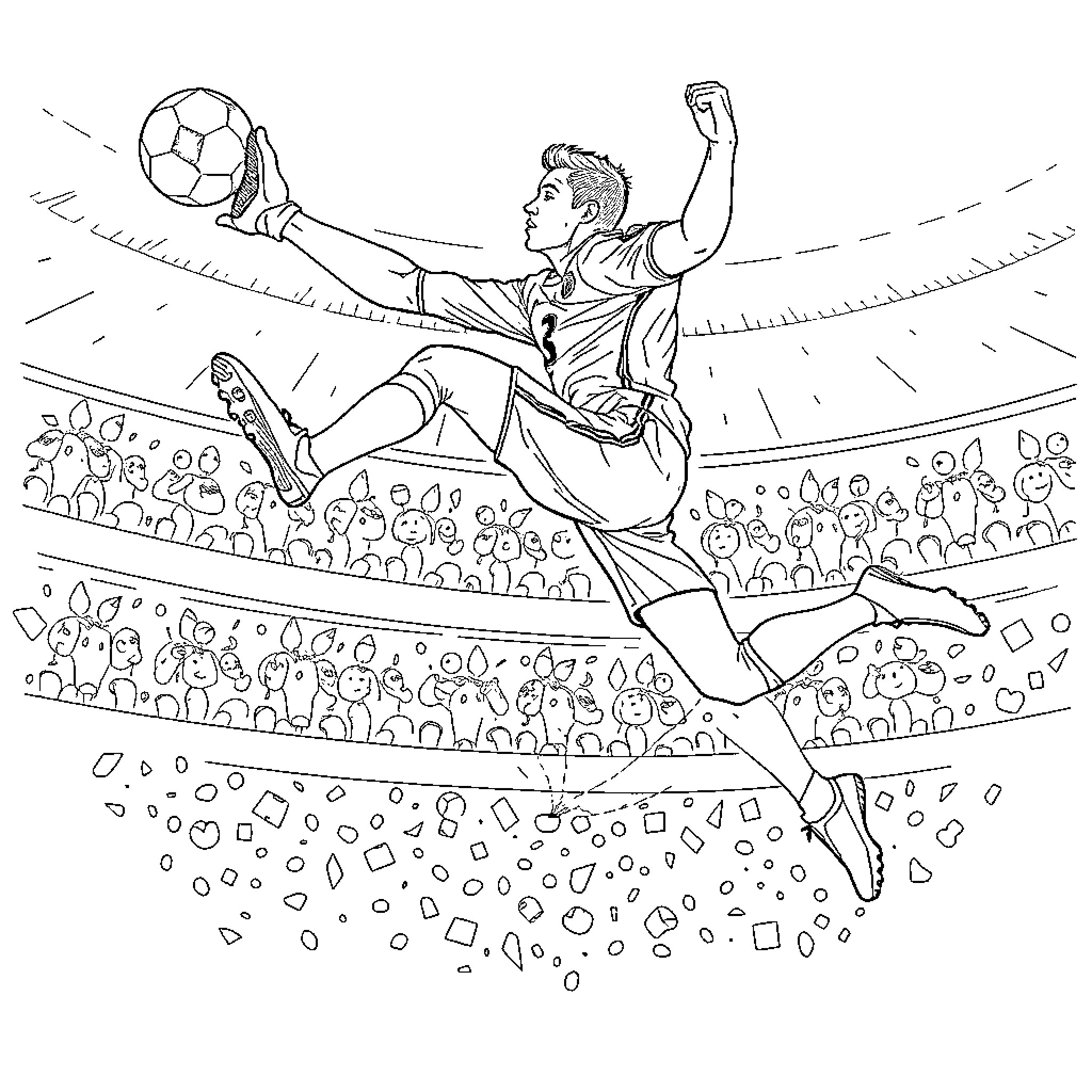 Ronaldo's Acrobatic Soccer Move in the Stadium Coloring Page (free black-and-white line drawing printable PDF for all, from beginners to advanced learners, including children, teens, adults, and seniors)