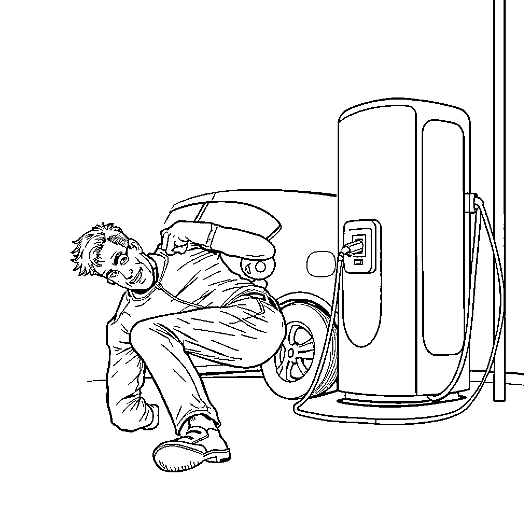 Man resting near electric vehicle charging station Coloring Page (free black-and-white line drawing printable PDF for all, from beginners to advanced learners, including children, teens, adults, and seniors)