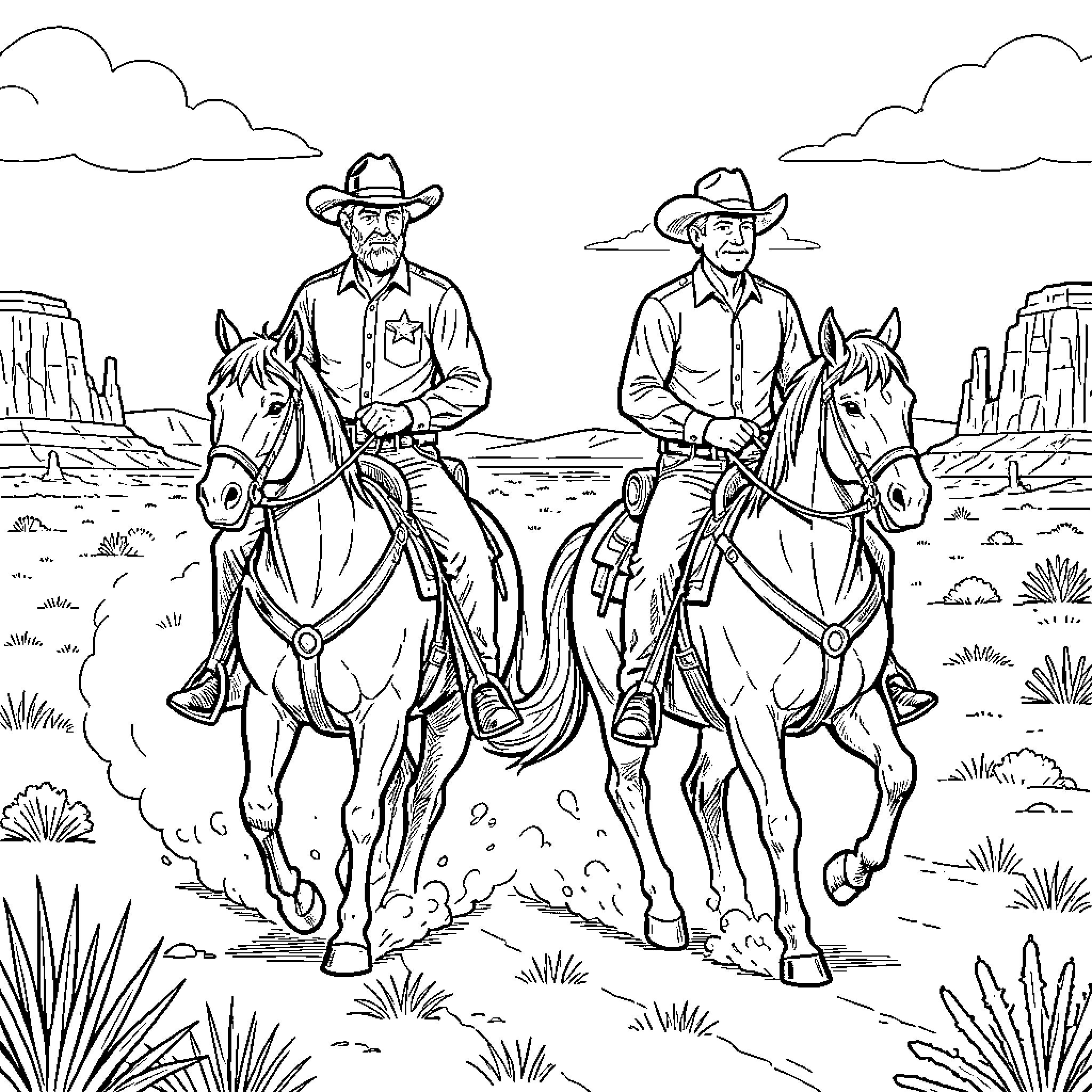 Sheriff and deputy riding horses through a desert landscape Coloring Page (free black-and-white line drawing printable PDF for all, from beginners to advanced learners, including children, teens, adults, and seniors)