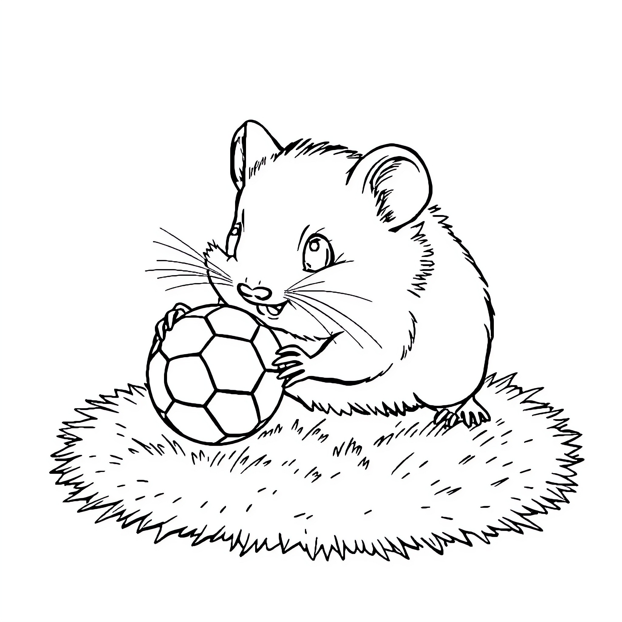 Hamster playing with soccer ball in the grass Coloring Page (free black-and-white line drawing printable PDF for all, from beginners to advanced learners, including children, teens, adults, and seniors)