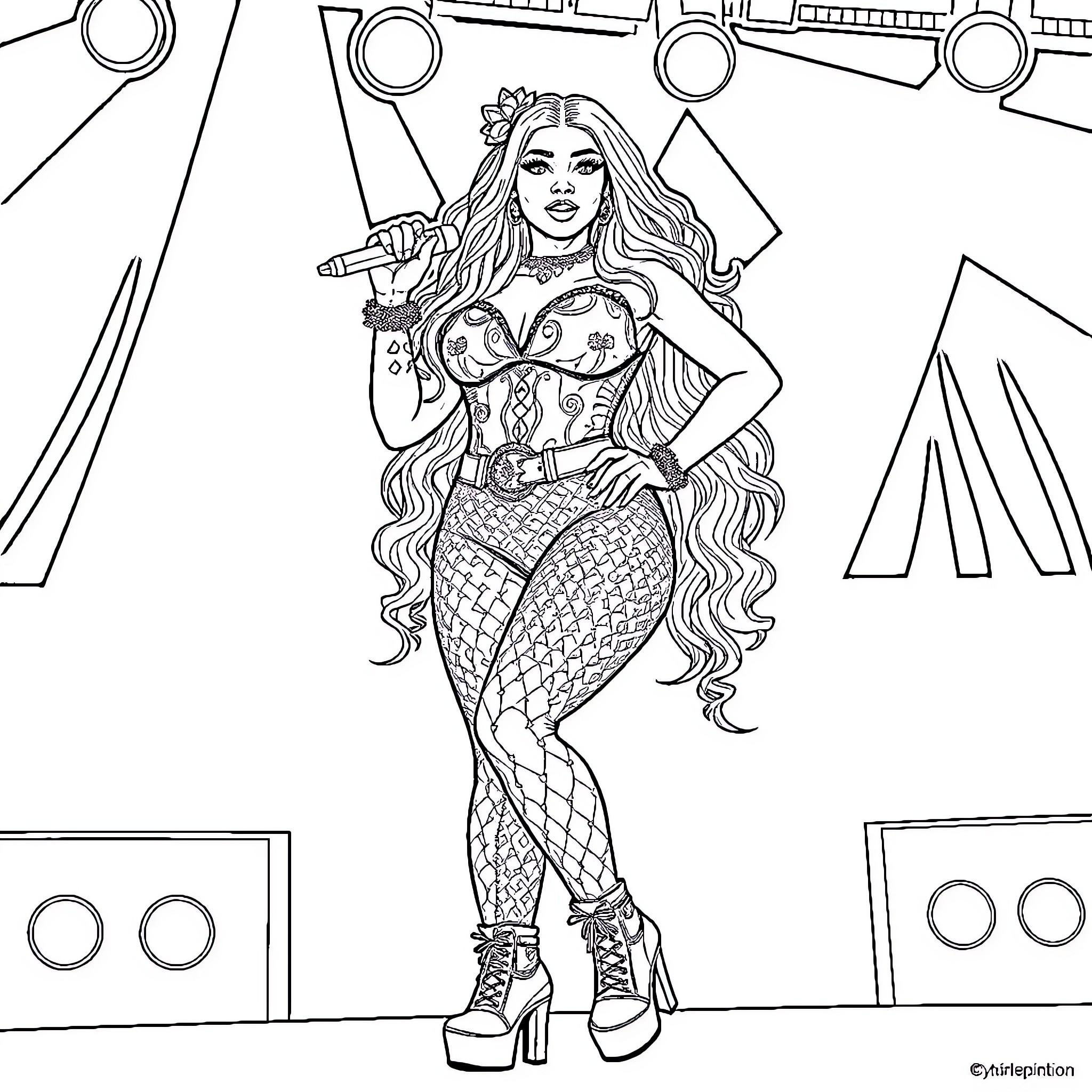 Nicki Minaj in a striking mermaid-inspired outfit on stage Coloring Page (free black-and-white line drawing printable PDF for all, from beginners to advanced learners, including children, teens, adults, and seniors)
