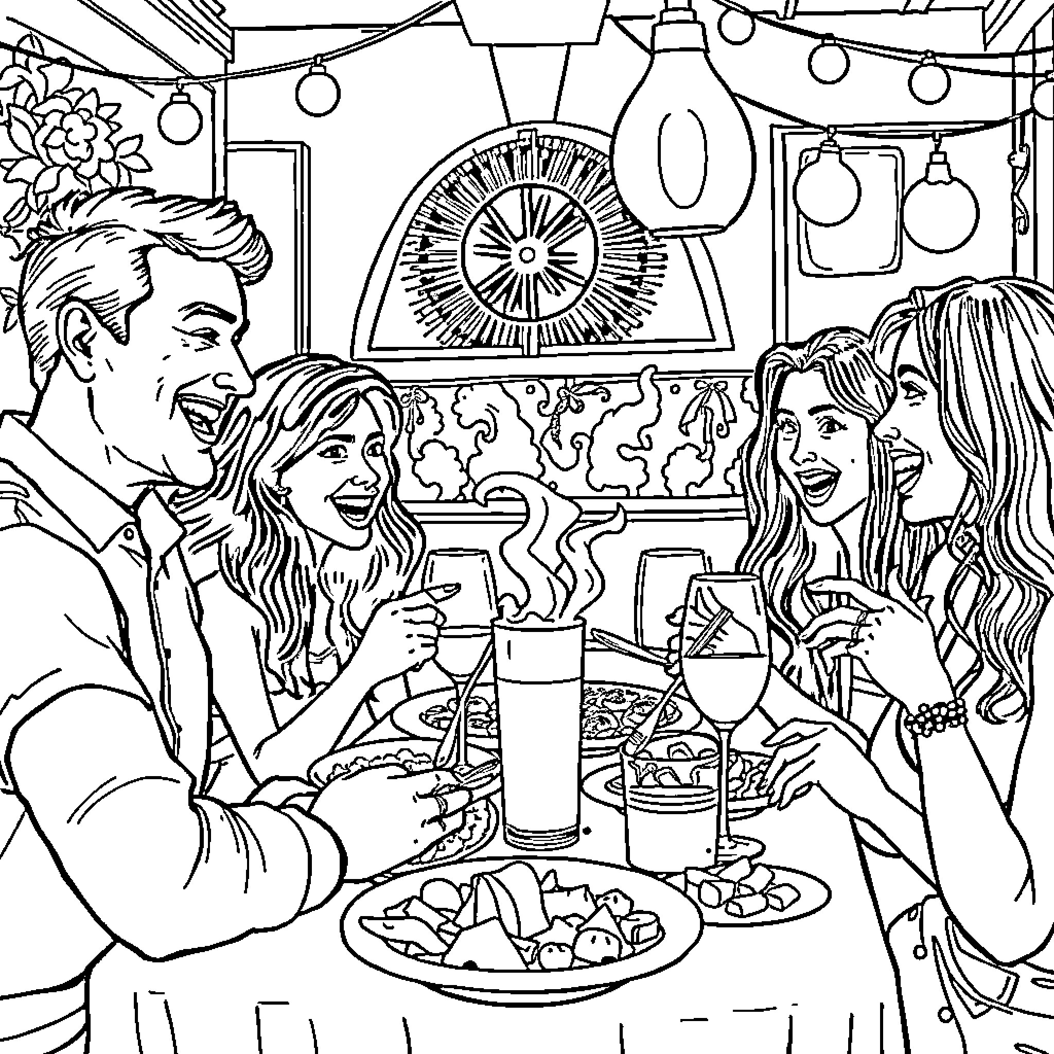 Brainrot: Friends Enjoying Drinks and Laughter at the Bar Coloring Page (free black-and-white line drawing printable PDF for all, from beginners to advanced learners, including children, teens, adults, and seniors)