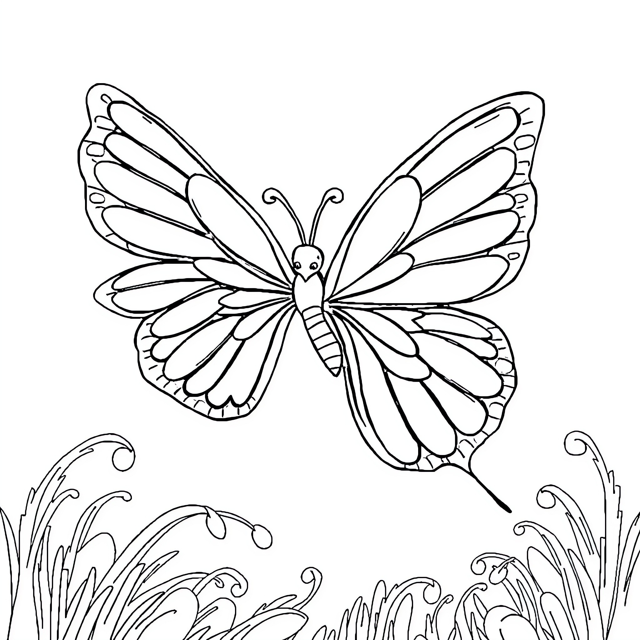 Wing Butterfly Gracefully Soaring Coloring Page (free black-and-white line drawing printable PDF for all, from beginners to advanced learners, including children, teens, adults, and seniors)
