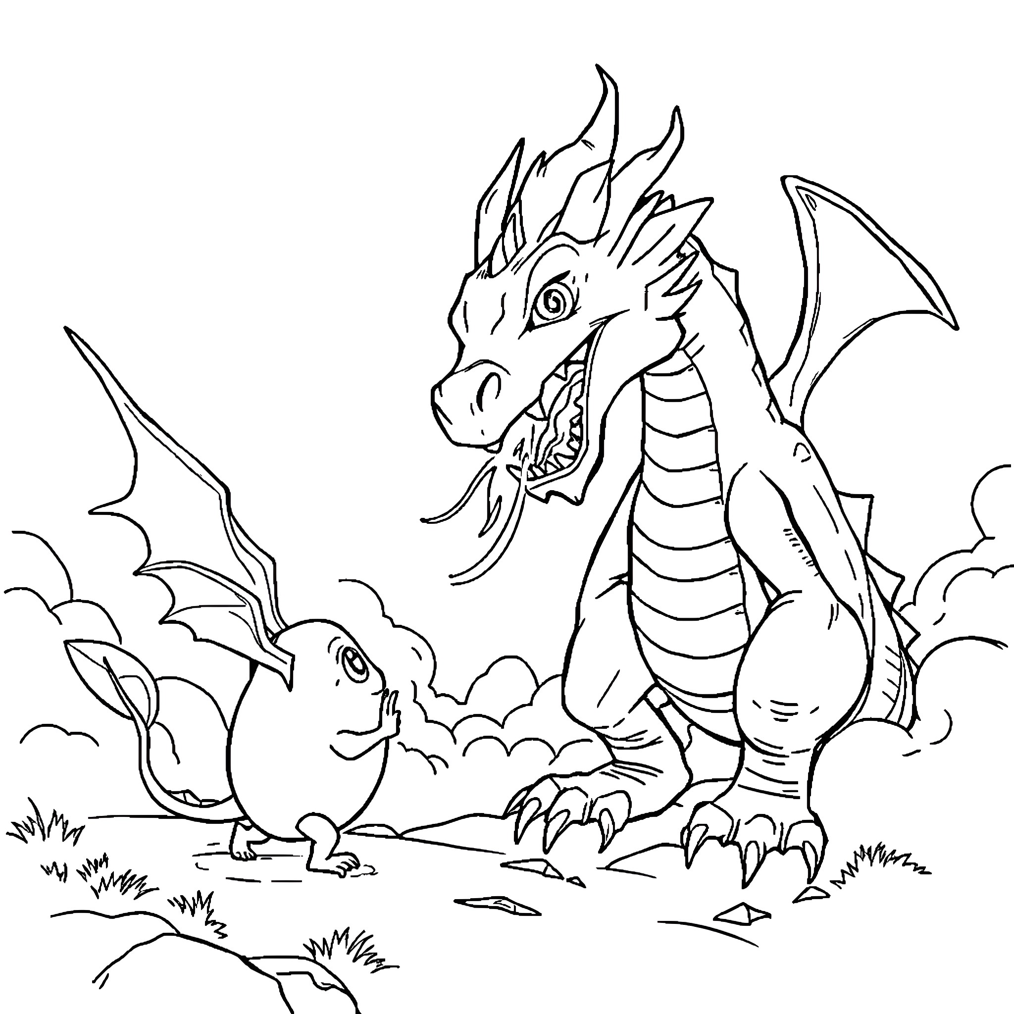 Lemon the Mighty Dragon Protects its Lair Coloring Page (free black-and-white line drawing printable PDF for all, from beginners to advanced learners, including children, teens, adults, and seniors)