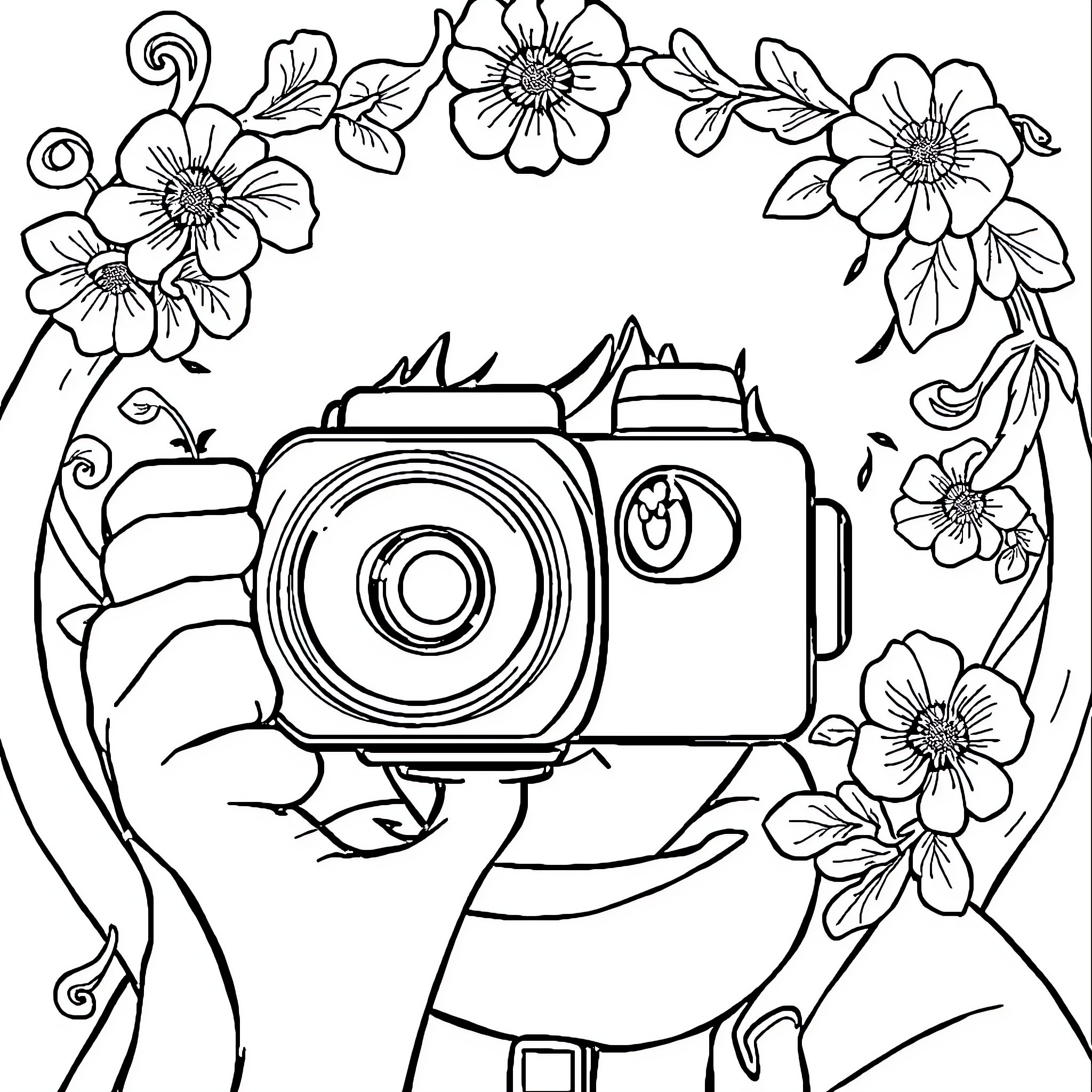 Photobooth with Floral Accents Coloring Page (free black-and-white line drawing printable PDF for all, from beginners to advanced learners, including children, teens, adults, and seniors)