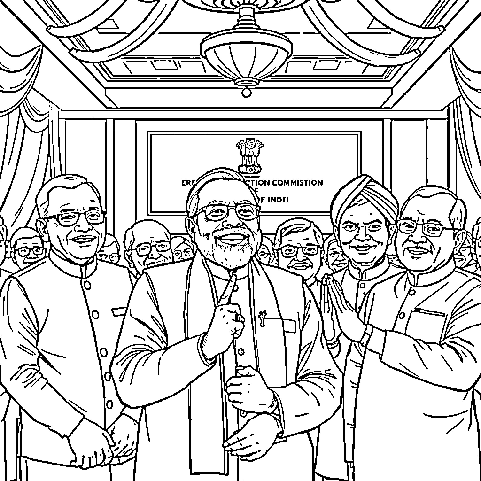 Modi with Indian Election Commission Officials Coloring Page (free black-and-white line drawing printable PDF for all, from beginners to advanced learners, including children, teens, adults, and seniors)