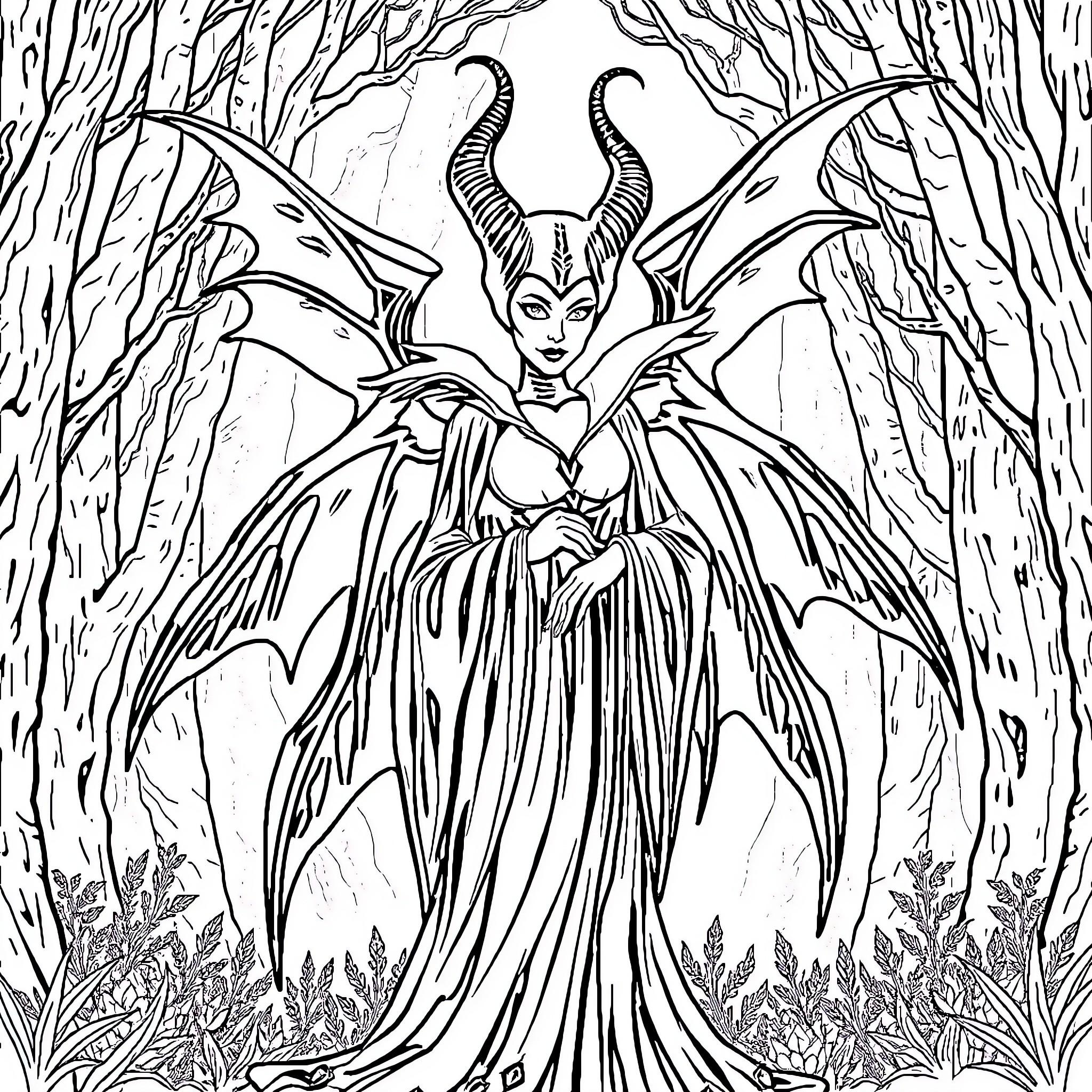 Maleficent's Sinister Presence in the Enchanted Forest Coloring Page (free black-and-white line drawing printable PDF for all, from beginners to advanced learners, including children, teens, adults, and seniors)