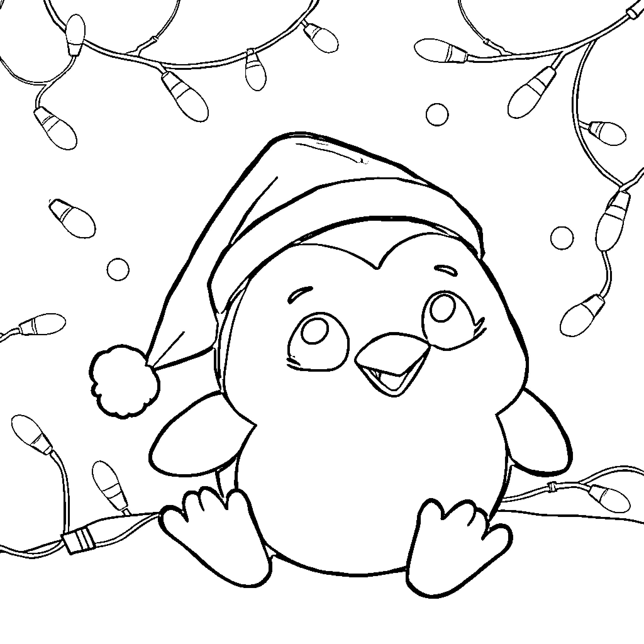 Penguin playing with holiday lights Coloring Page (free black-and-white line drawing printable PDF for all, from beginners to advanced learners, including children, teens, adults, and seniors)