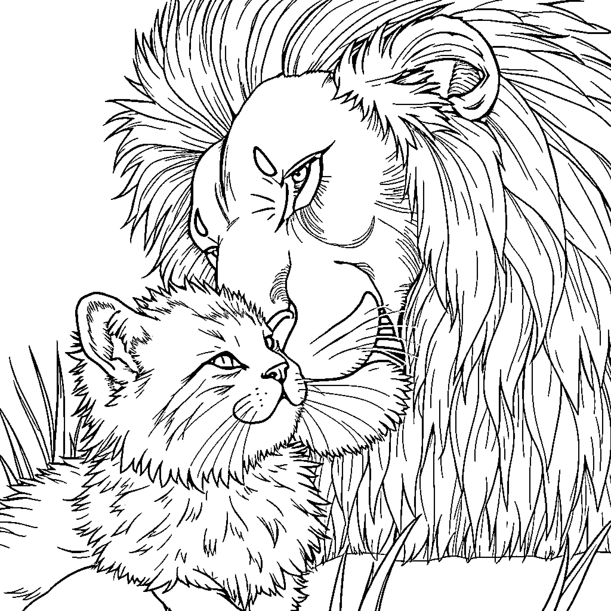 Lion's fierce gaze over a furry companion Coloring Page (free black-and-white line drawing printable PDF for all, from beginners to advanced learners, including children, teens, adults, and seniors)