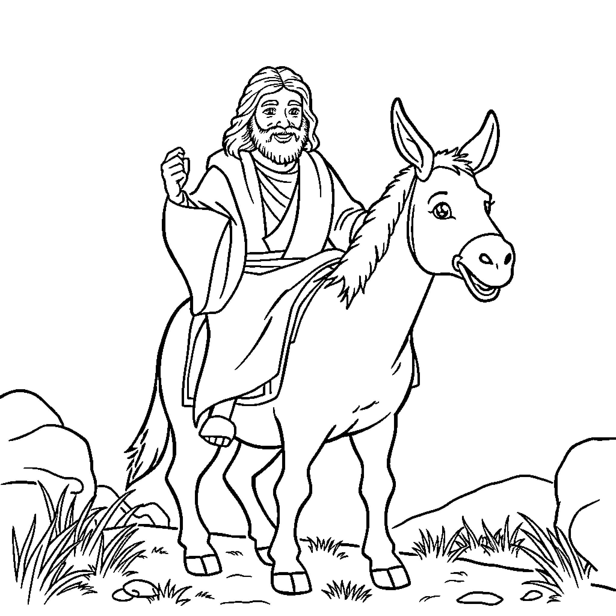 Jesus riding a donkey through the countryside Coloring Page (free black-and-white line drawing printable PDF for all, from beginners to advanced learners, including children, teens, adults, and seniors)
