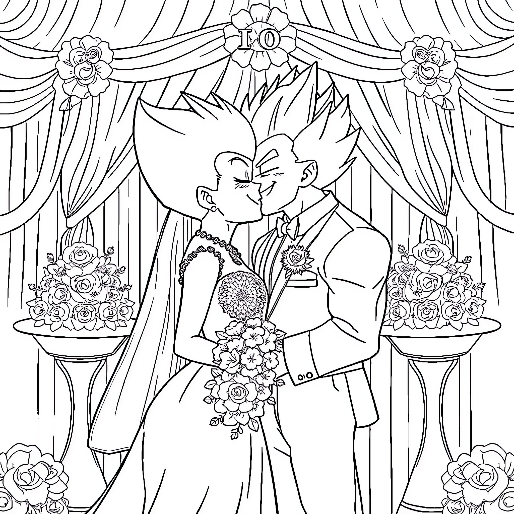 Vegeta's Romantic Wedding Ceremony Coloring Page (free black-and-white line drawing printable PDF for all, from beginners to advanced learners, including children, teens, adults, and seniors)