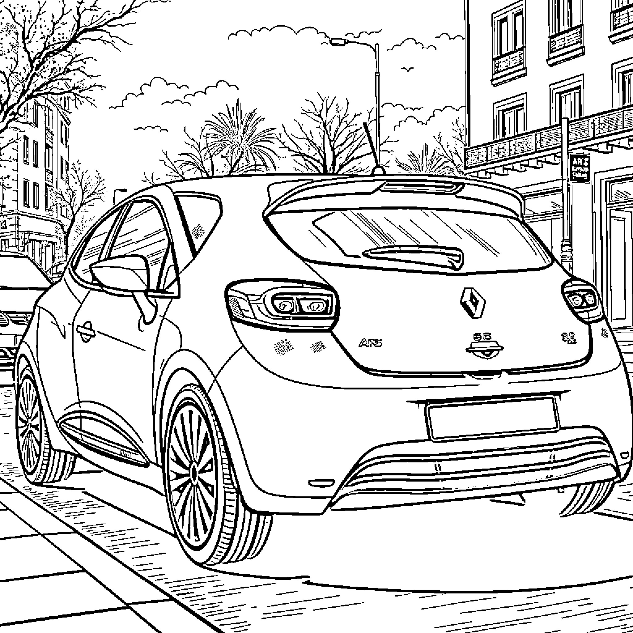 Renault Clio parked on city street Coloring Page (free black-and-white line drawing printable PDF for all, from beginners to advanced learners, including children, teens, adults, and seniors)