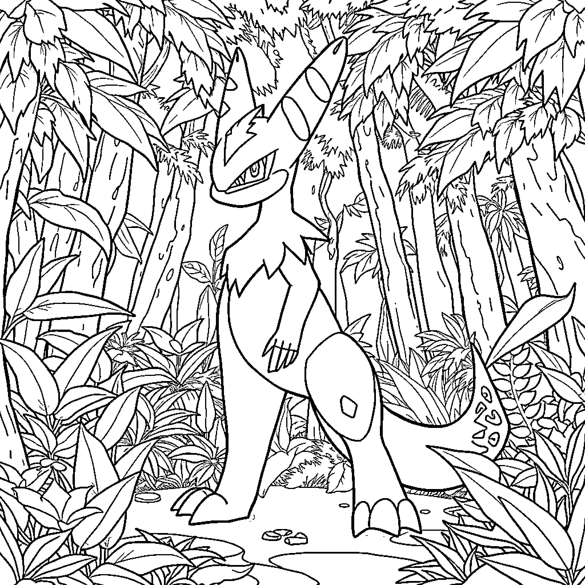 Lucario exploring the lush jungle environment Coloring Page (free black-and-white line drawing printable PDF for all, from beginners to advanced learners, including children, teens, adults, and seniors)