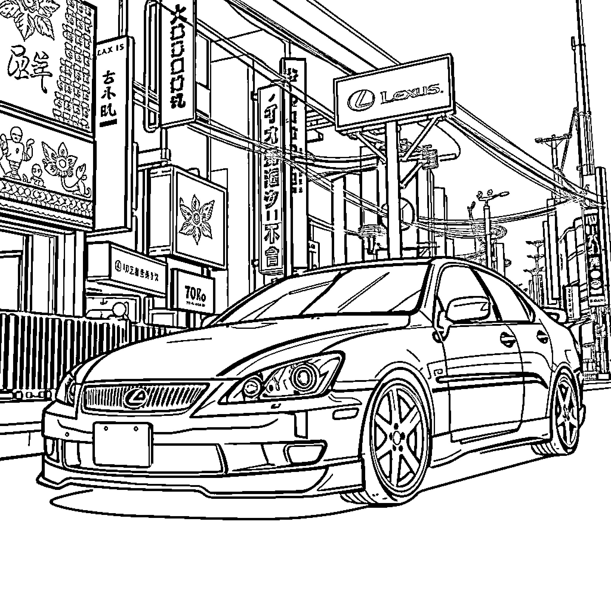 Lexus luxury sedan in bustling city street Coloring Page (free black-and-white line drawing printable PDF for all, from beginners to advanced learners, including children, teens, adults, and seniors)