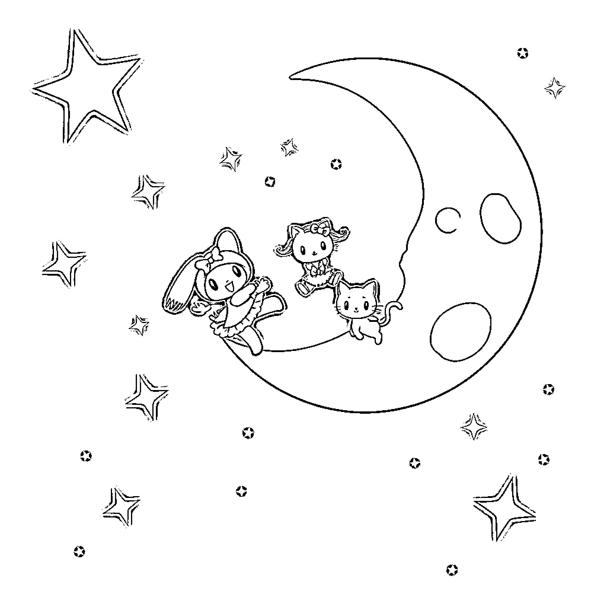 Kuromi enjoying a magical night under the stars Coloring Page (free black-and-white line drawing printable PDF for all, from beginners to advanced learners, including children, teens, adults, and seniors)