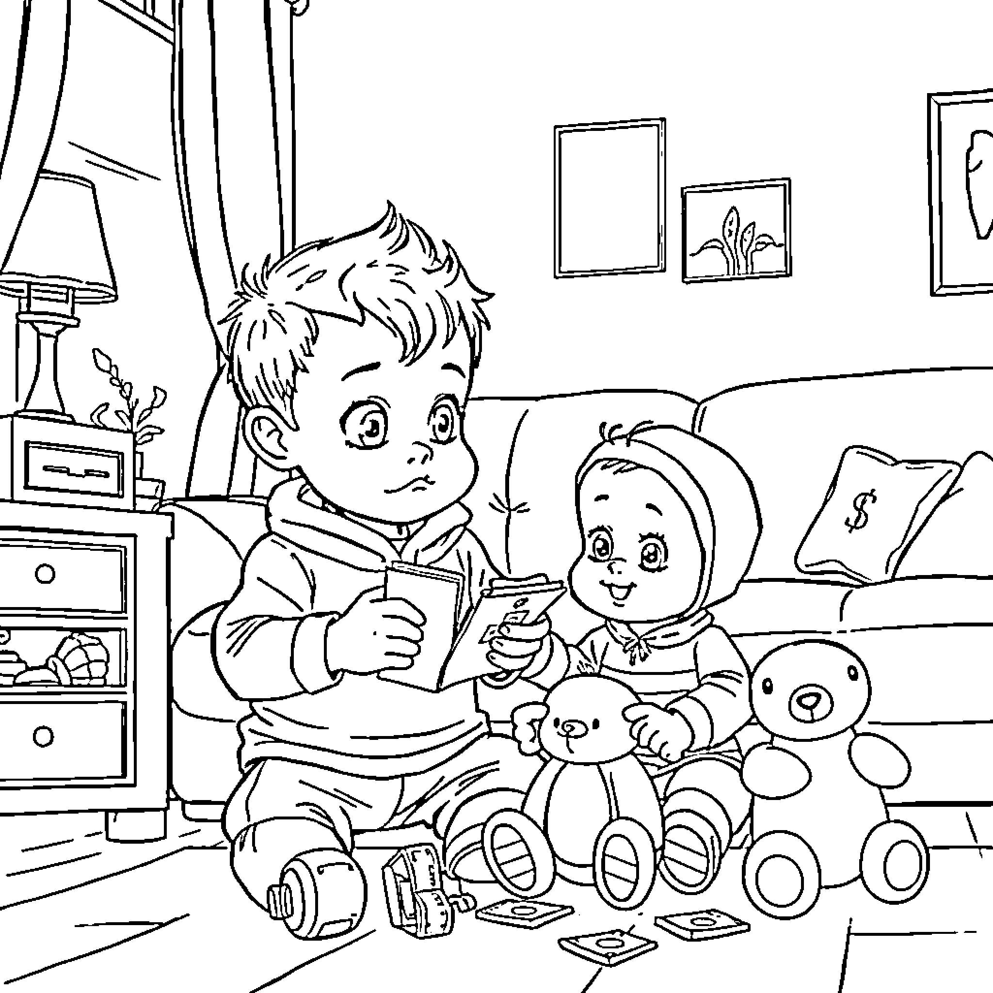 Toddler siblings playing together in the living room Coloring Page (free black-and-white line drawing printable PDF for all, from beginners to advanced learners, including children, teens, adults, and seniors)