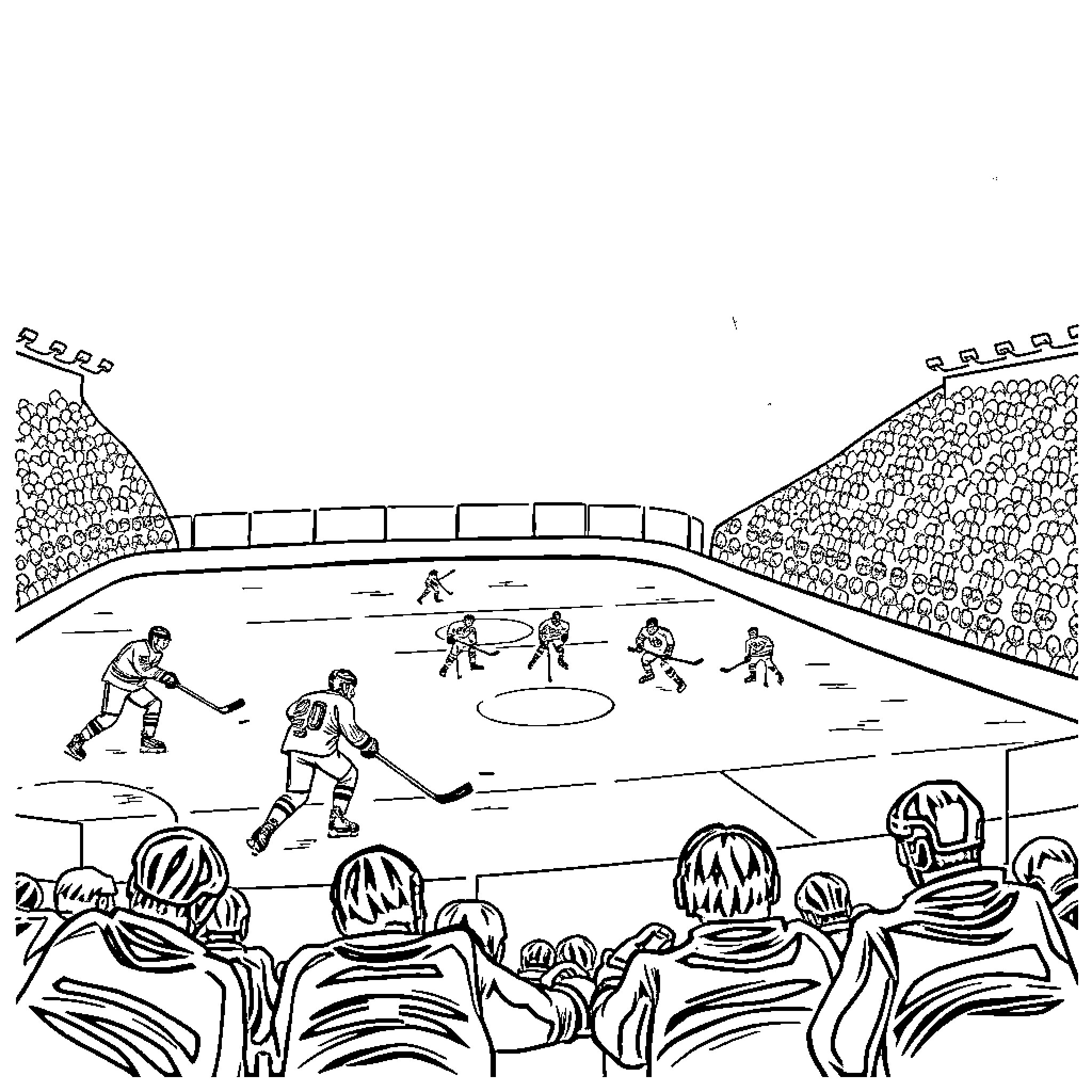 Hockey players competing in an intense match Coloring Page (free black-and-white line drawing printable PDF for all, from beginners to advanced learners, including children, teens, adults, and seniors)