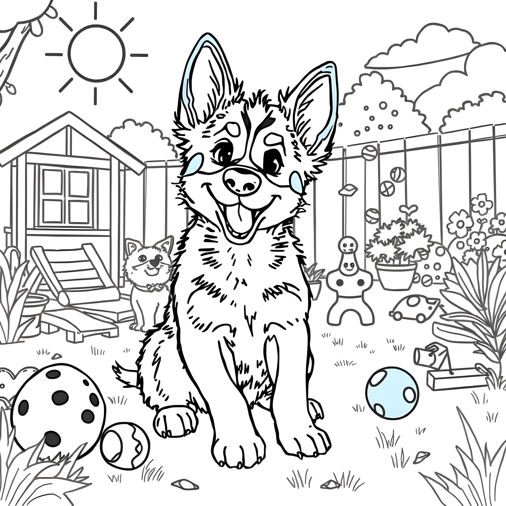 Bluey playing happily in the backyard Coloring Page (free black-and-white line drawing printable PDF for all, from beginners to advanced learners, including children, teens, adults, and seniors)