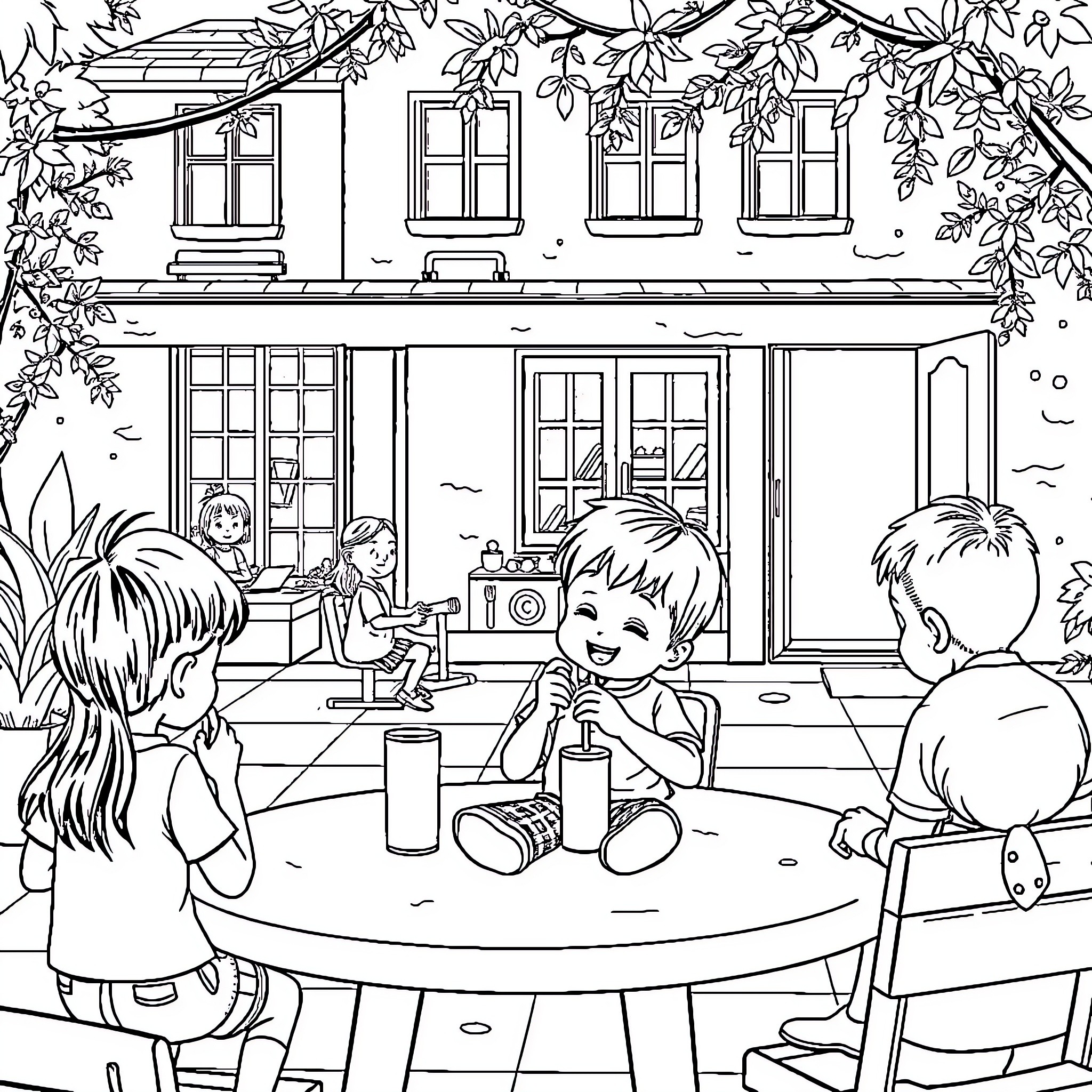 Children playing and enjoying a snack on the porch Coloring Page (free black-and-white line drawing printable PDF for all, from beginners to advanced learners, including children, teens, adults, and seniors)