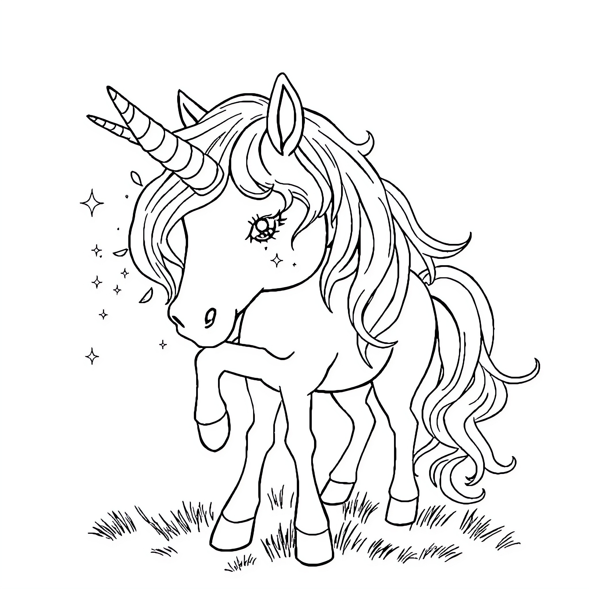 Unicorn exploring a magical meadow Coloring Page (free black-and-white line drawing printable PDF for all, from beginners to advanced learners, including children, teens, adults, and seniors)