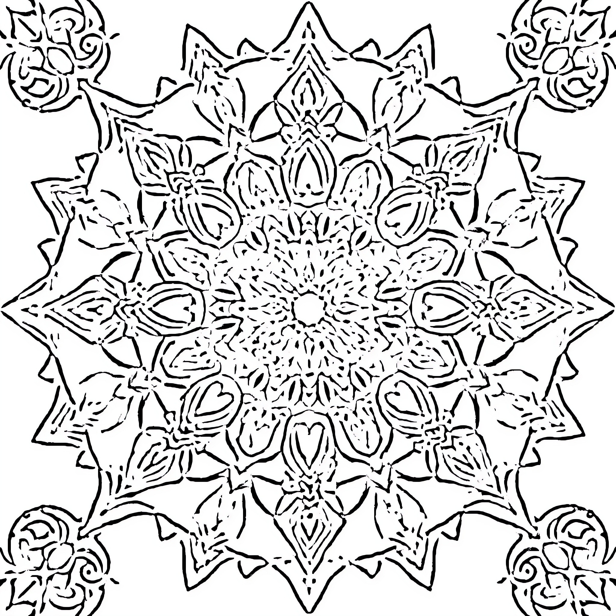 Mandala of intricate floral patterns Coloring Page (free black-and-white line drawing printable PDF for all, from beginners to advanced learners, including children, teens, adults, and seniors)