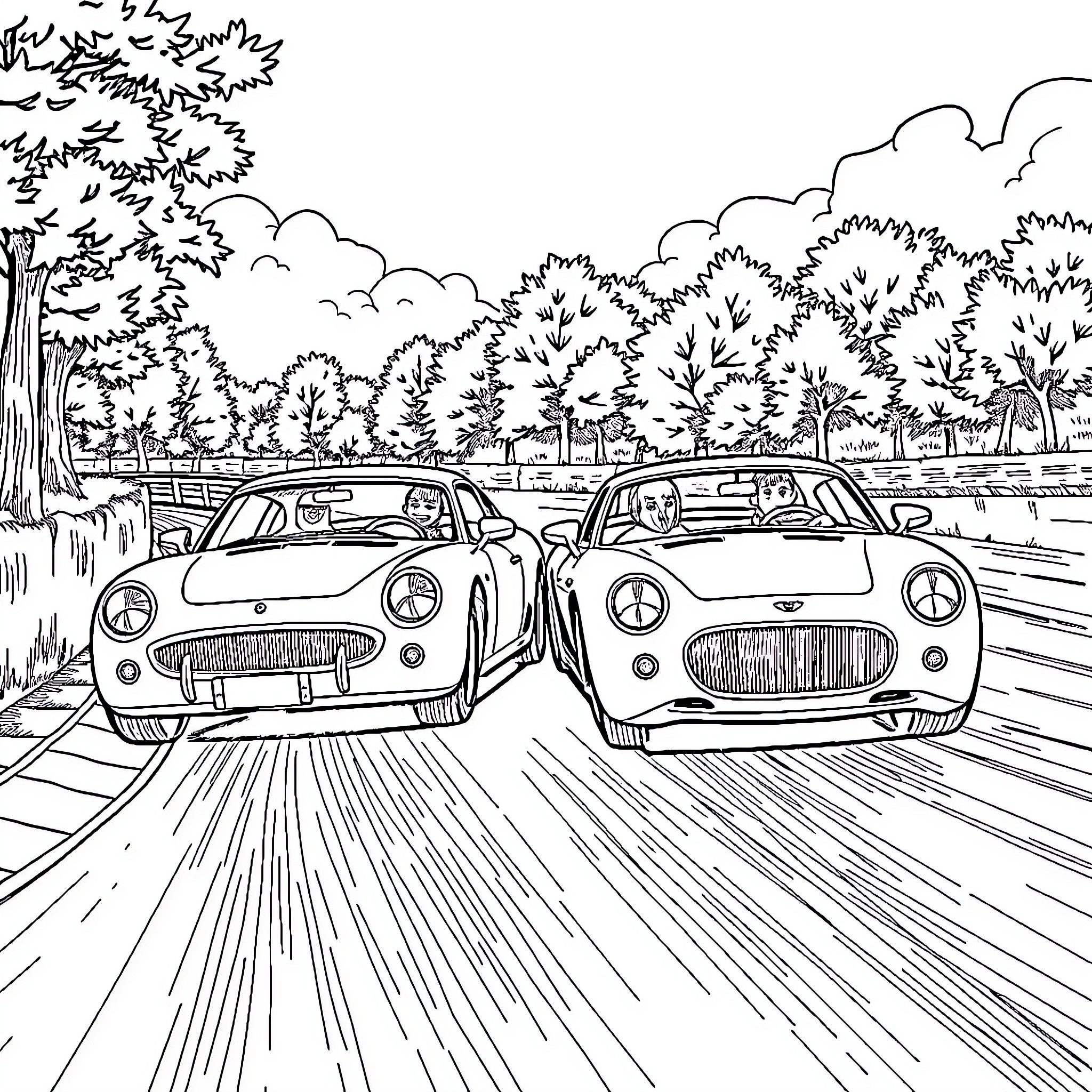 Hotwheels racing through the countryside Coloring Page (free black-and-white line drawing printable PDF for all, from beginners to advanced learners, including children, teens, adults, and seniors)