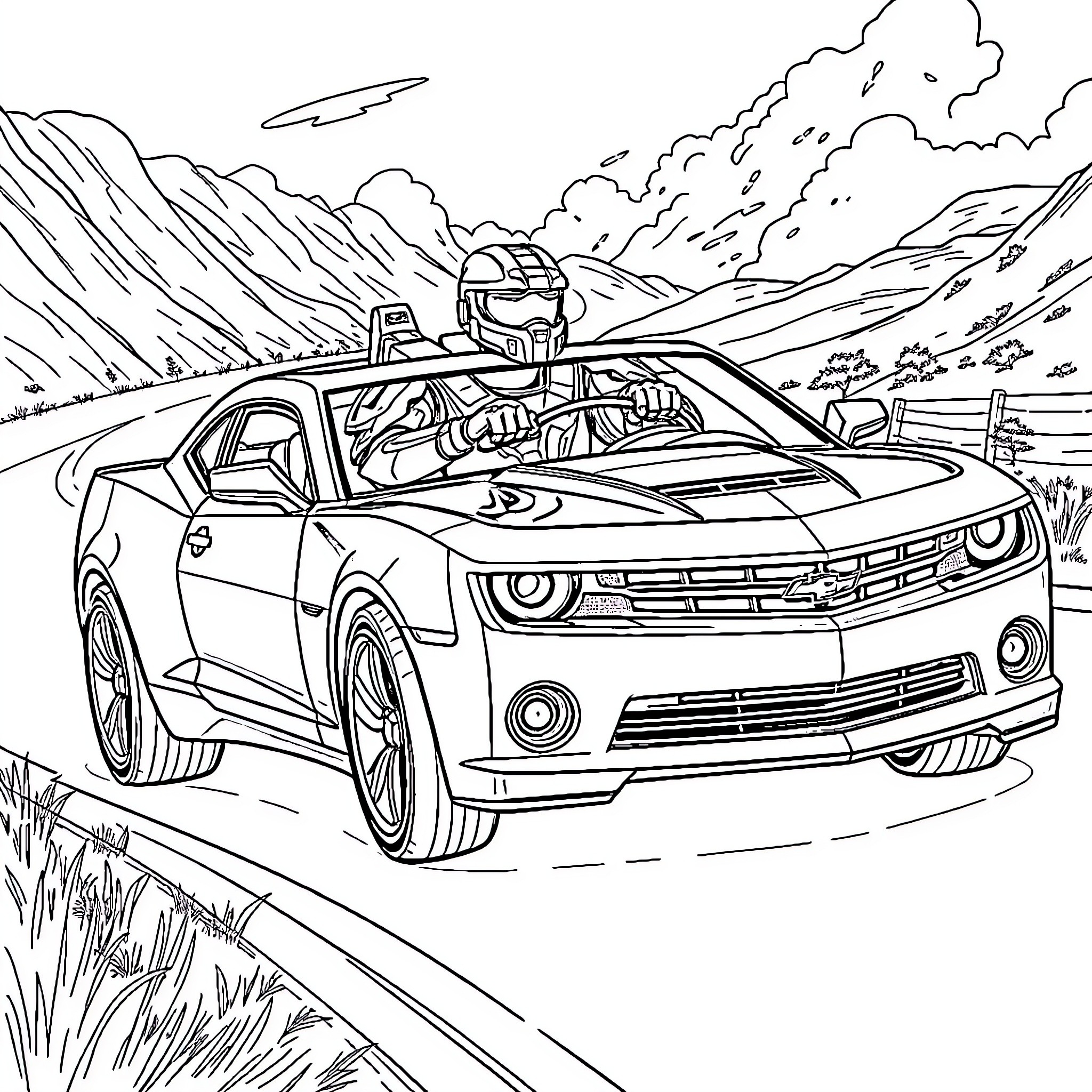 Halo Master Chief Driving Futuristic Vehicle in Mountainous Landscape Coloring Page (free black-and-white line drawing printable PDF for all, from beginners to advanced learners, including children, teens, adults, and seniors)