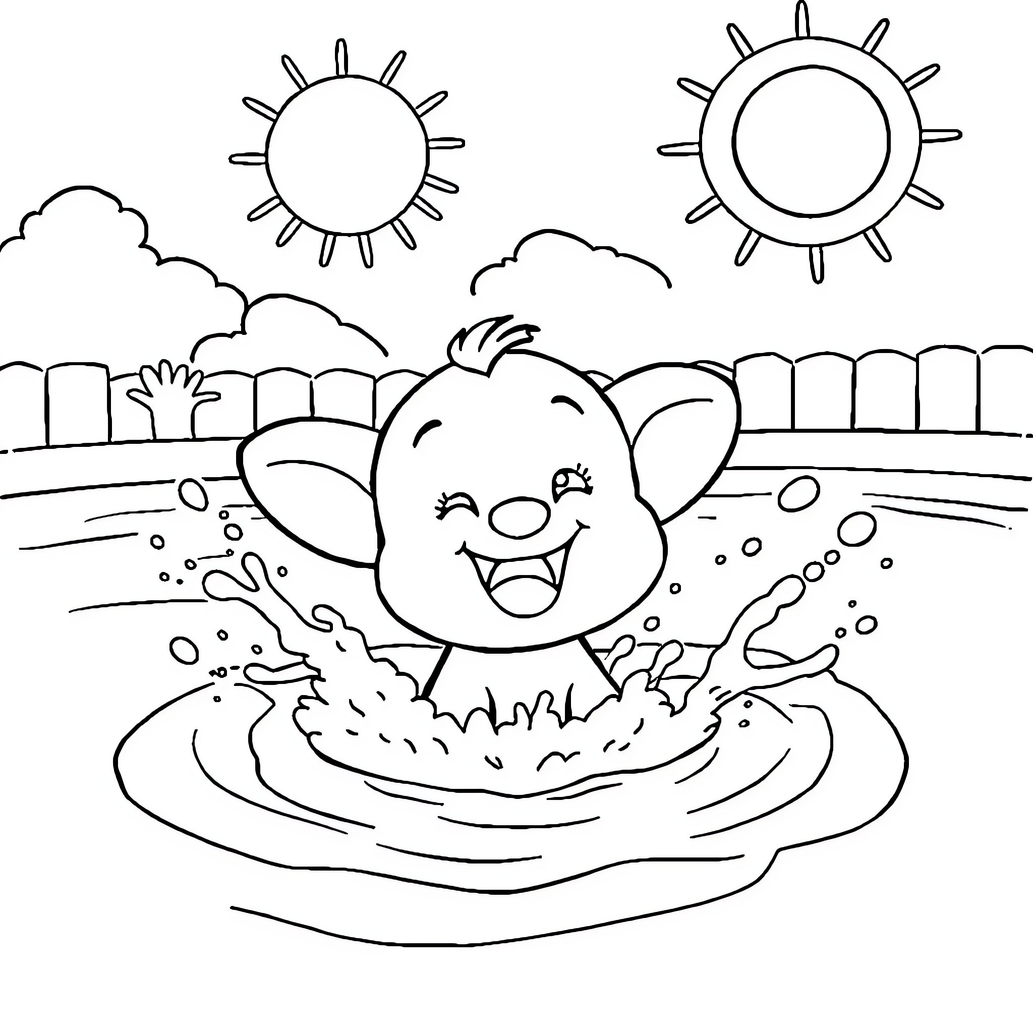 Bluey playing happily in the water Coloring Page (free black-and-white line drawing printable PDF for all, from beginners to advanced learners, including children, teens, adults, and seniors)
