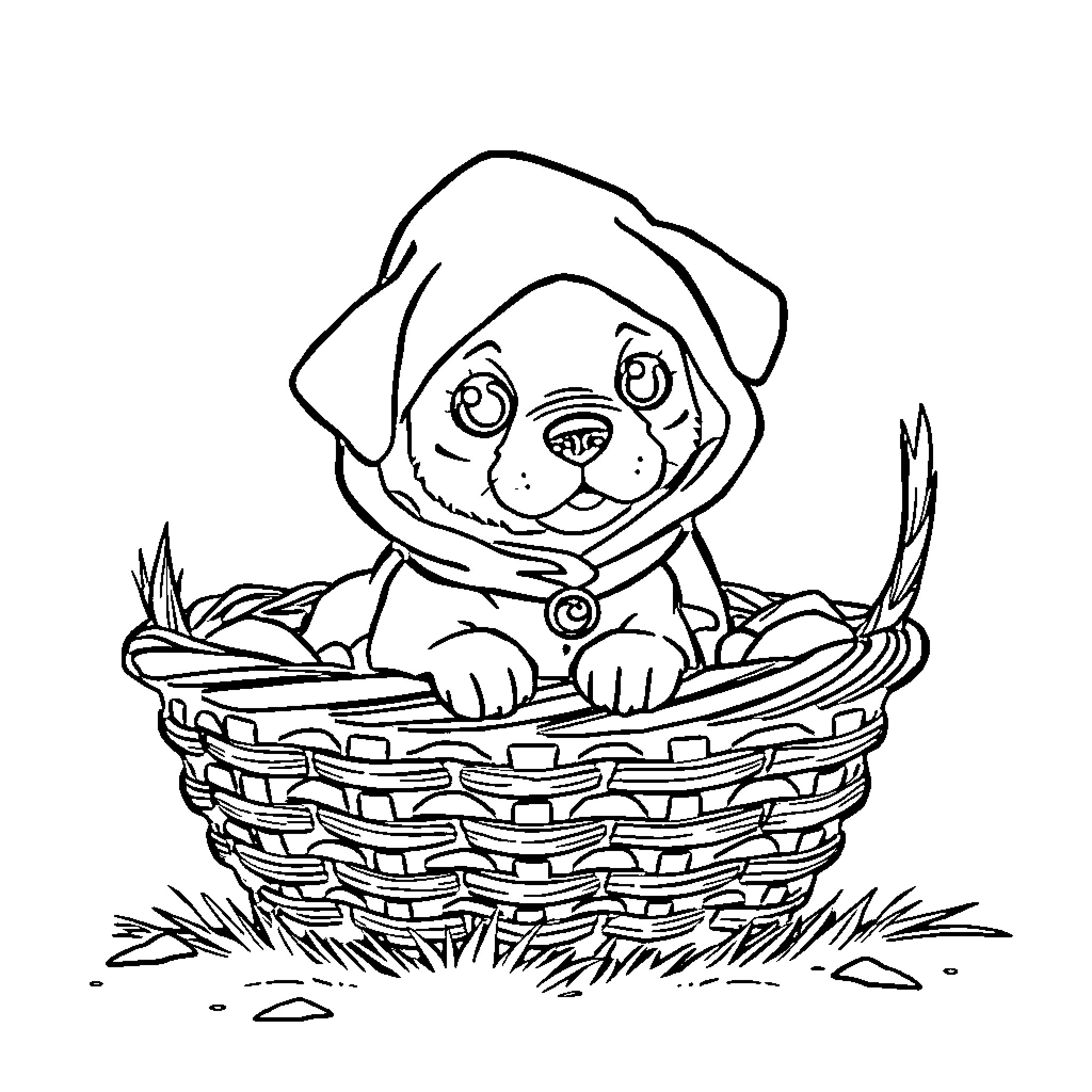 Puppy Snug in Cozy Basket Coloring Page (free black-and-white line drawing printable PDF for all, from beginners to advanced learners, including children, teens, adults, and seniors)