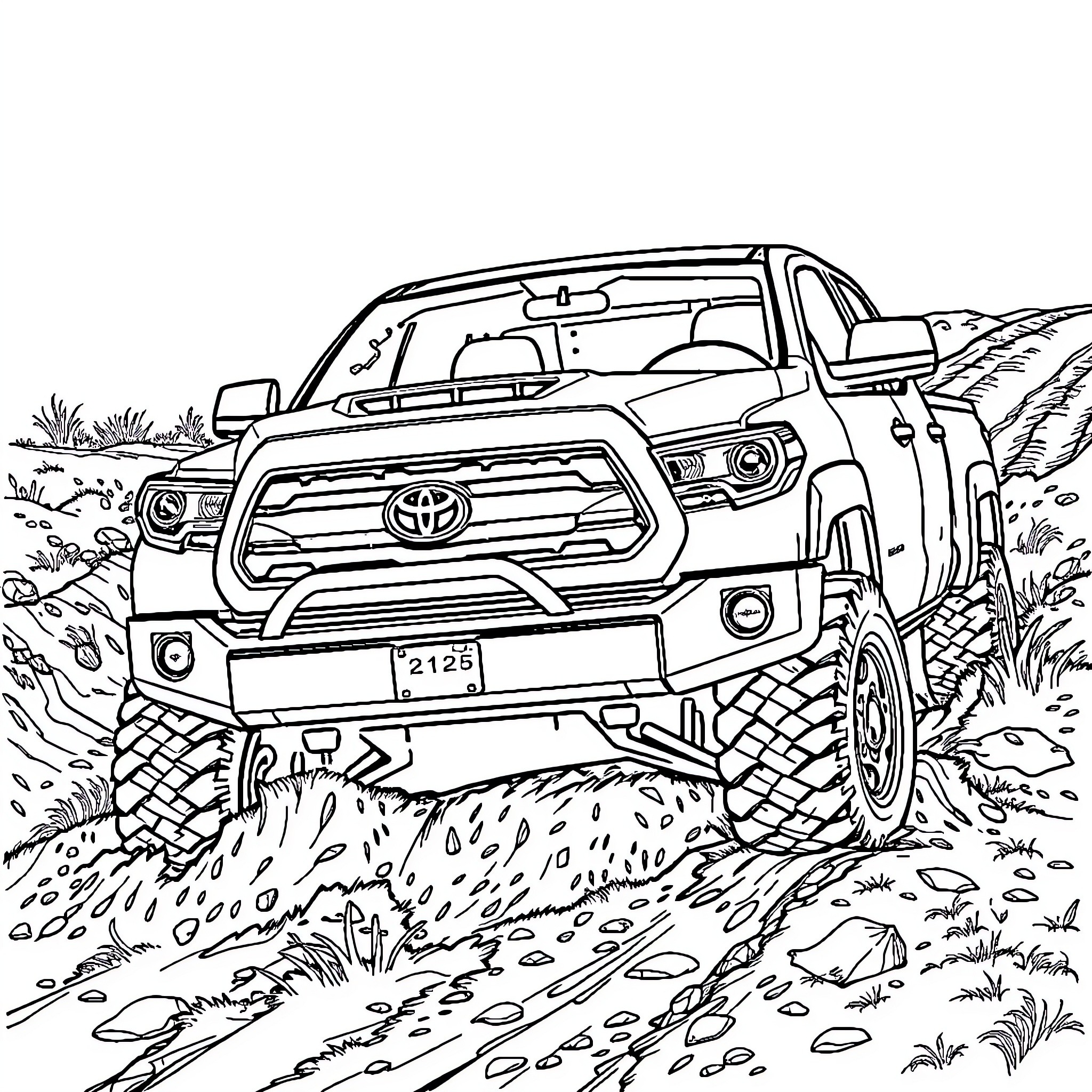 Truck driving through rugged terrain Coloring Page (free black-and-white line drawing printable PDF for all, from beginners to advanced learners, including children, teens, adults, and seniors)
