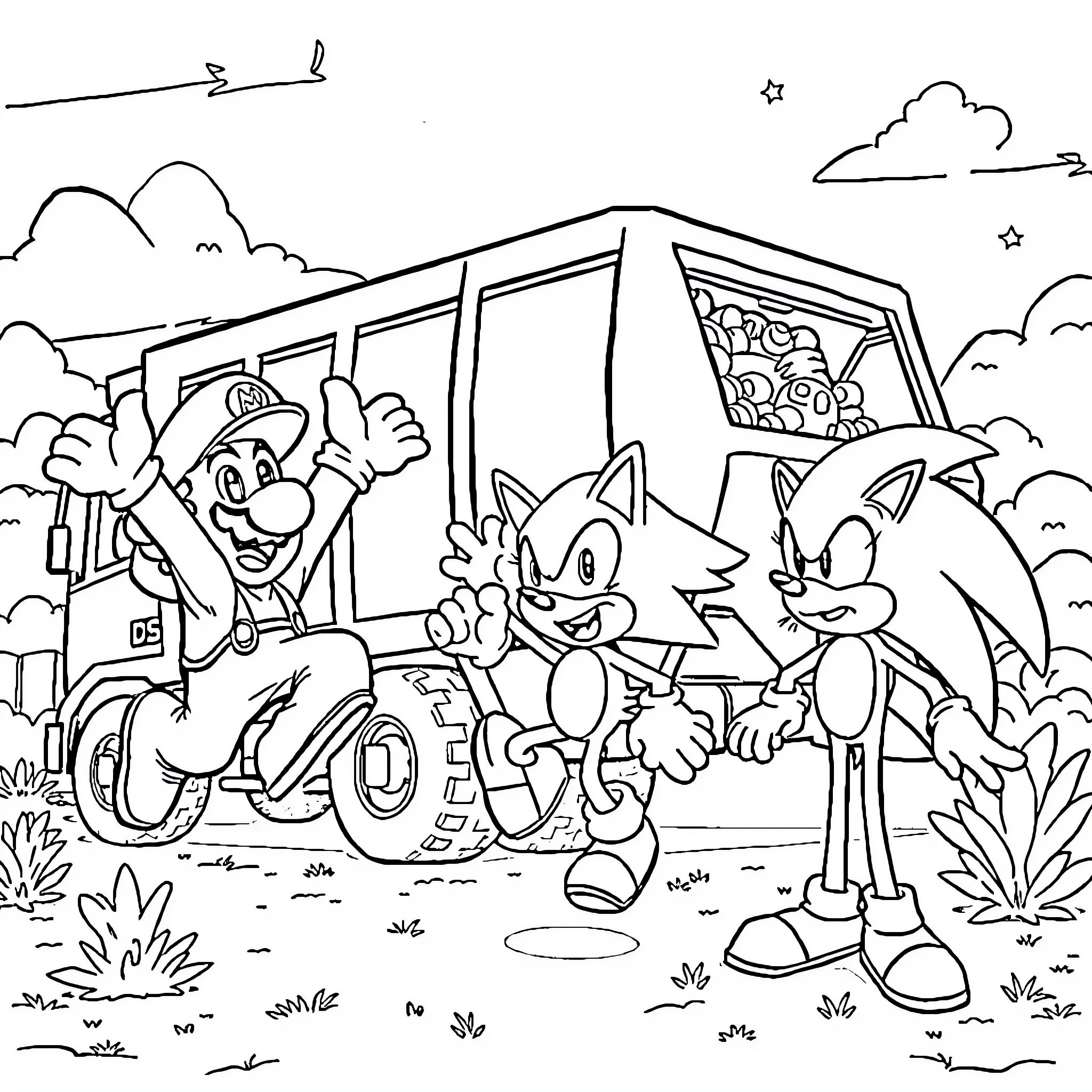 Trash Truck Crew Enjoying Fun Ride in the Countryside Coloring Page (free black-and-white line drawing printable PDF for all, from beginners to advanced learners, including children, teens, adults, and seniors)