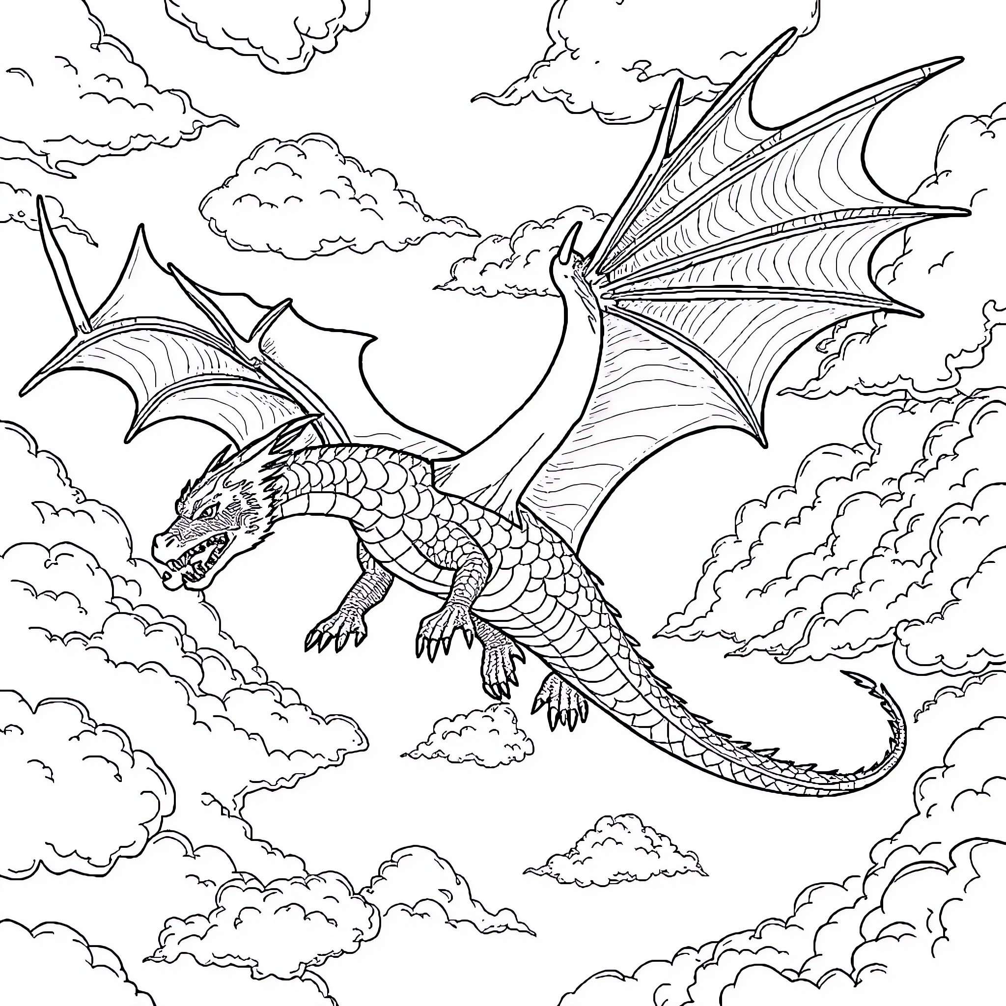 Dragon soaring through the cloudy skies Coloring Page (free black-and-white line drawing printable PDF for all, from beginners to advanced learners, including children, teens, adults, and seniors)