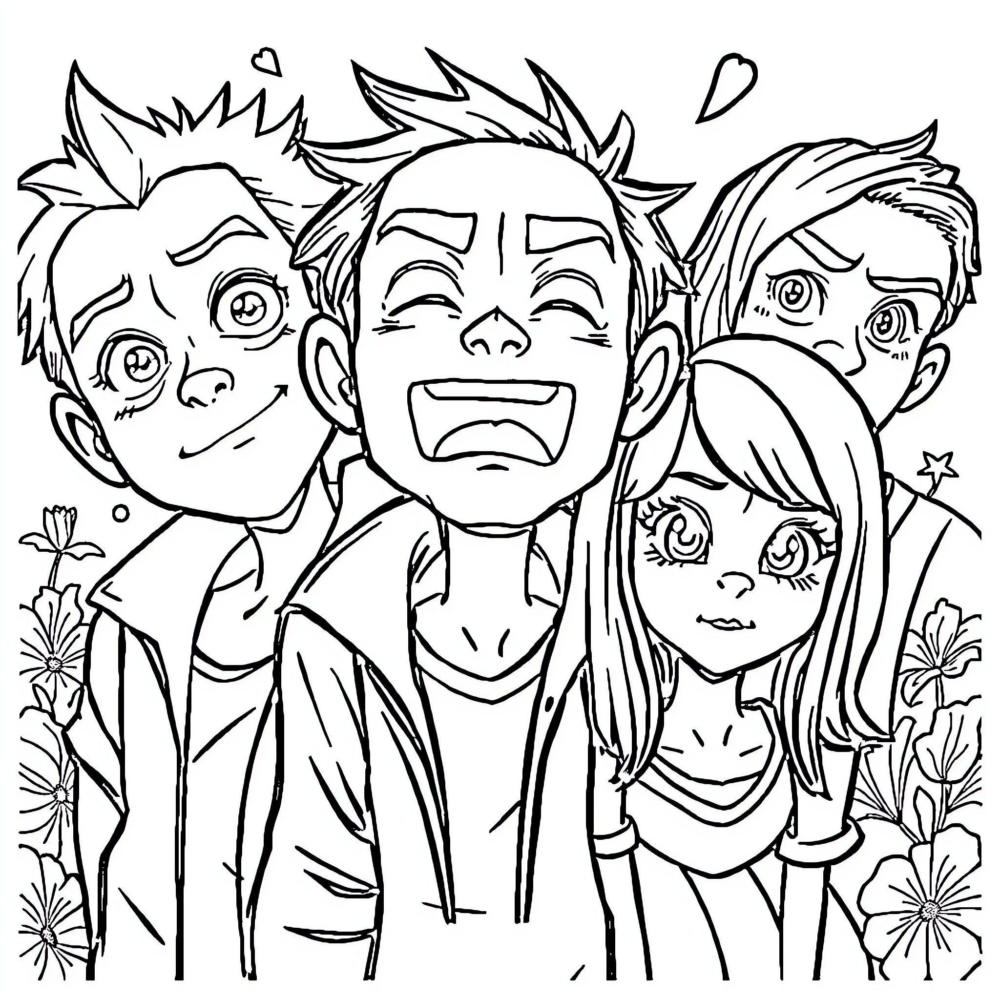 Anime Characters in Joyful Expressions Coloring Page (free black-and-white line drawing printable PDF for all, from beginners to advanced learners, including children, teens, adults, and seniors)